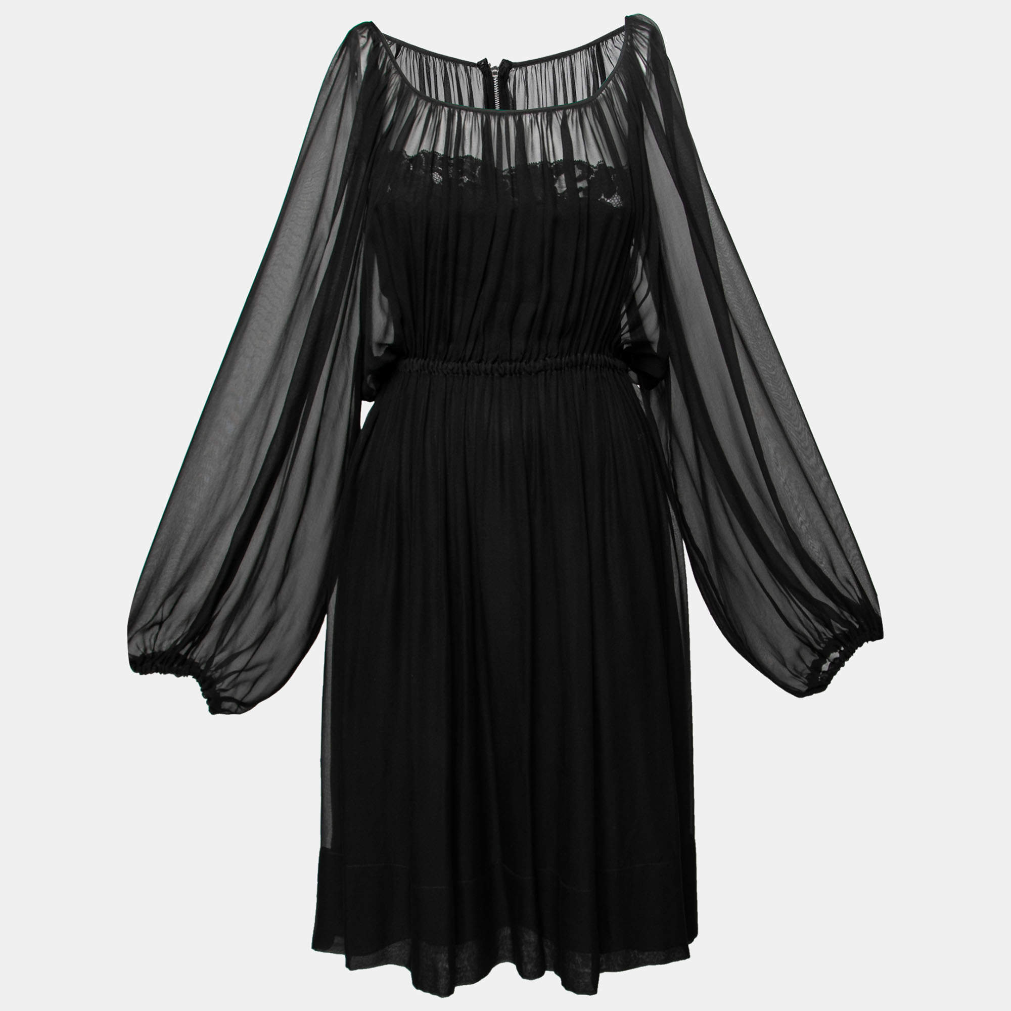 Pre Owned Dolce & Gabbana Black Sheer Silk Ruched Waist Dress M