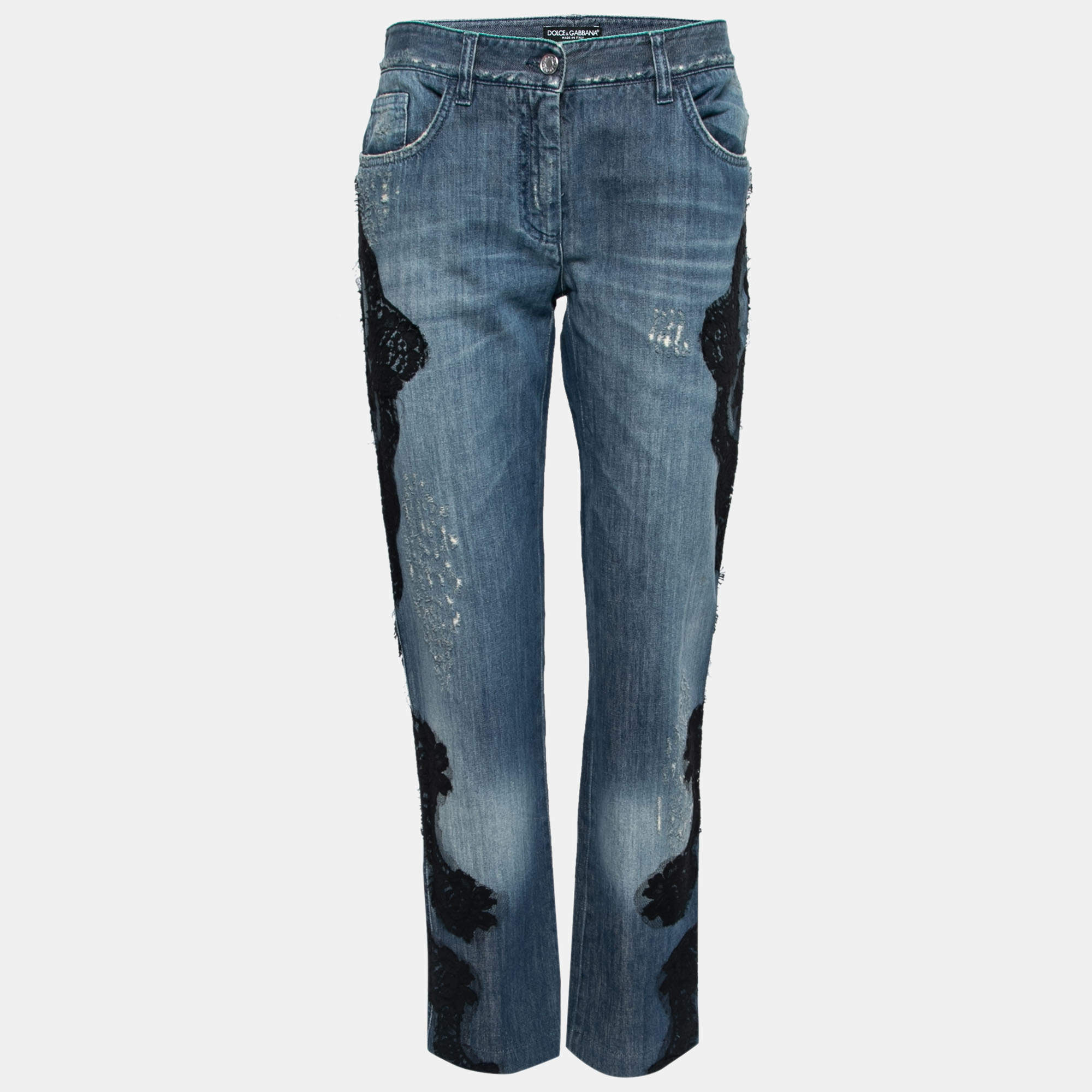 Pre Owned Dolce & Gabbana Blue Distressed Denim Lace Trimmed Jeans M