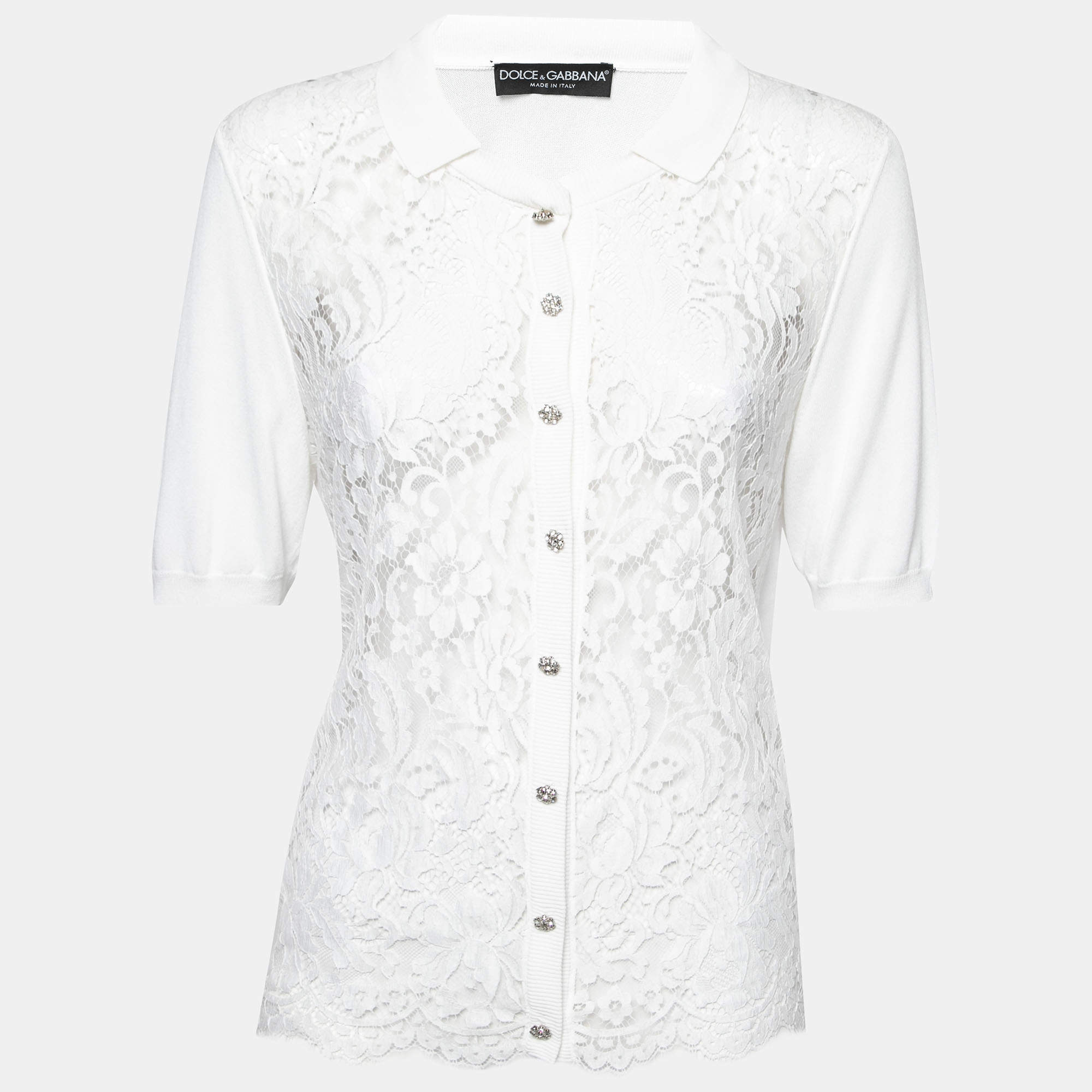 Pre Owned Dolce & Gabbana White Knit & Lace Paneled Button Front Cardigan L