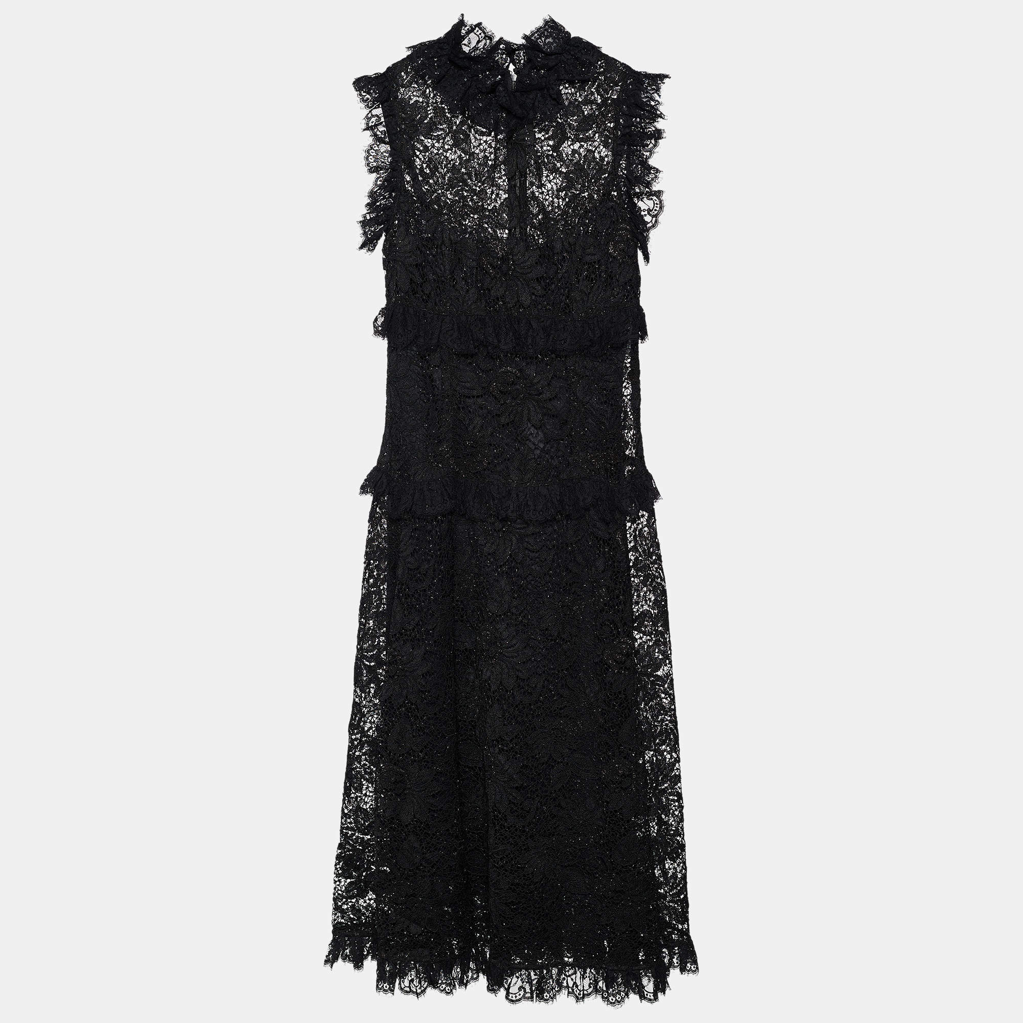مملوكة مسبقًا فستان ميدي دولتشي أند غابانا دانتيل لوريكس أسود مكشكش مقاس متوسط (ميديوم) 