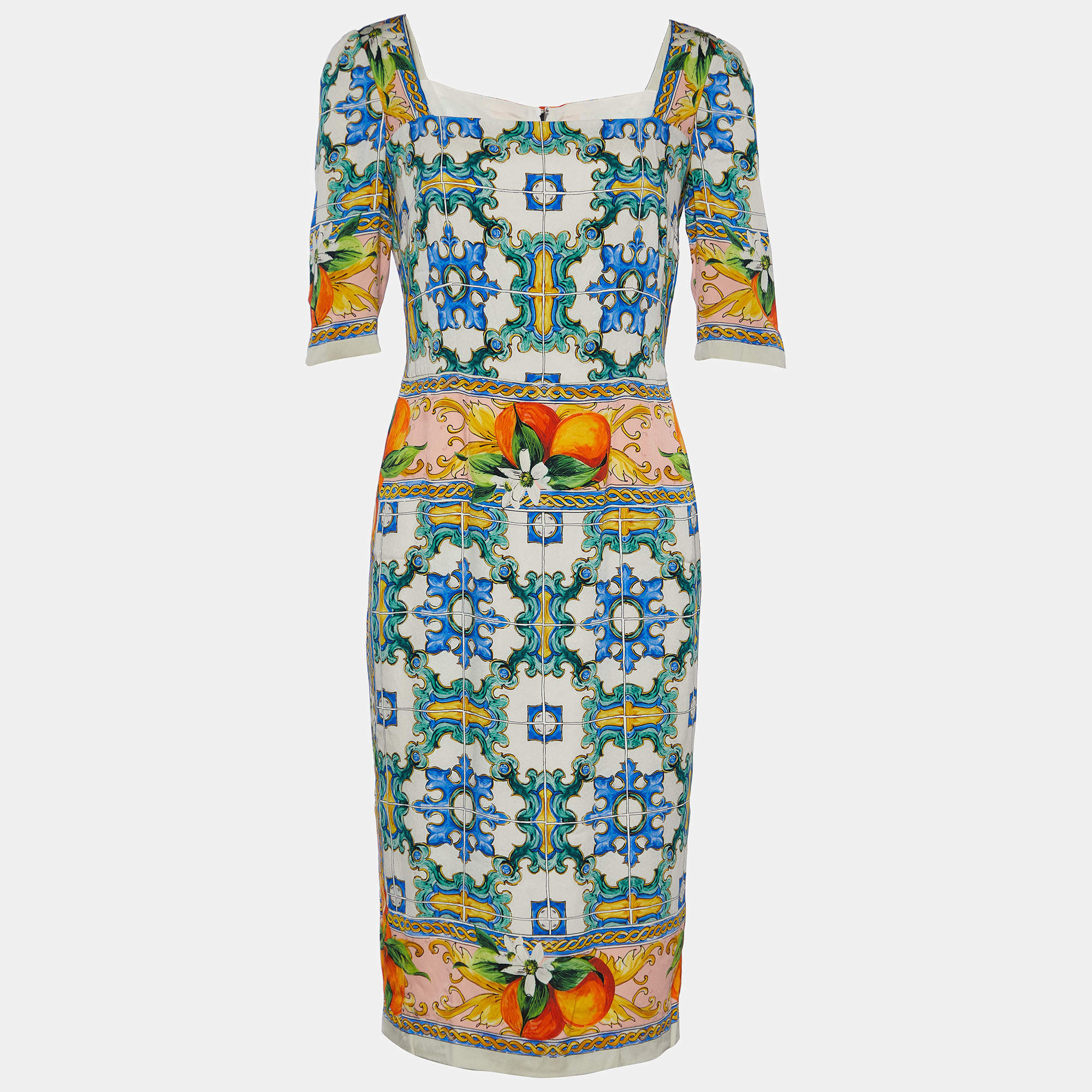 Pre Owned Dolce & Gabbana Multicolor Majolica Print Silk Midi Dress M