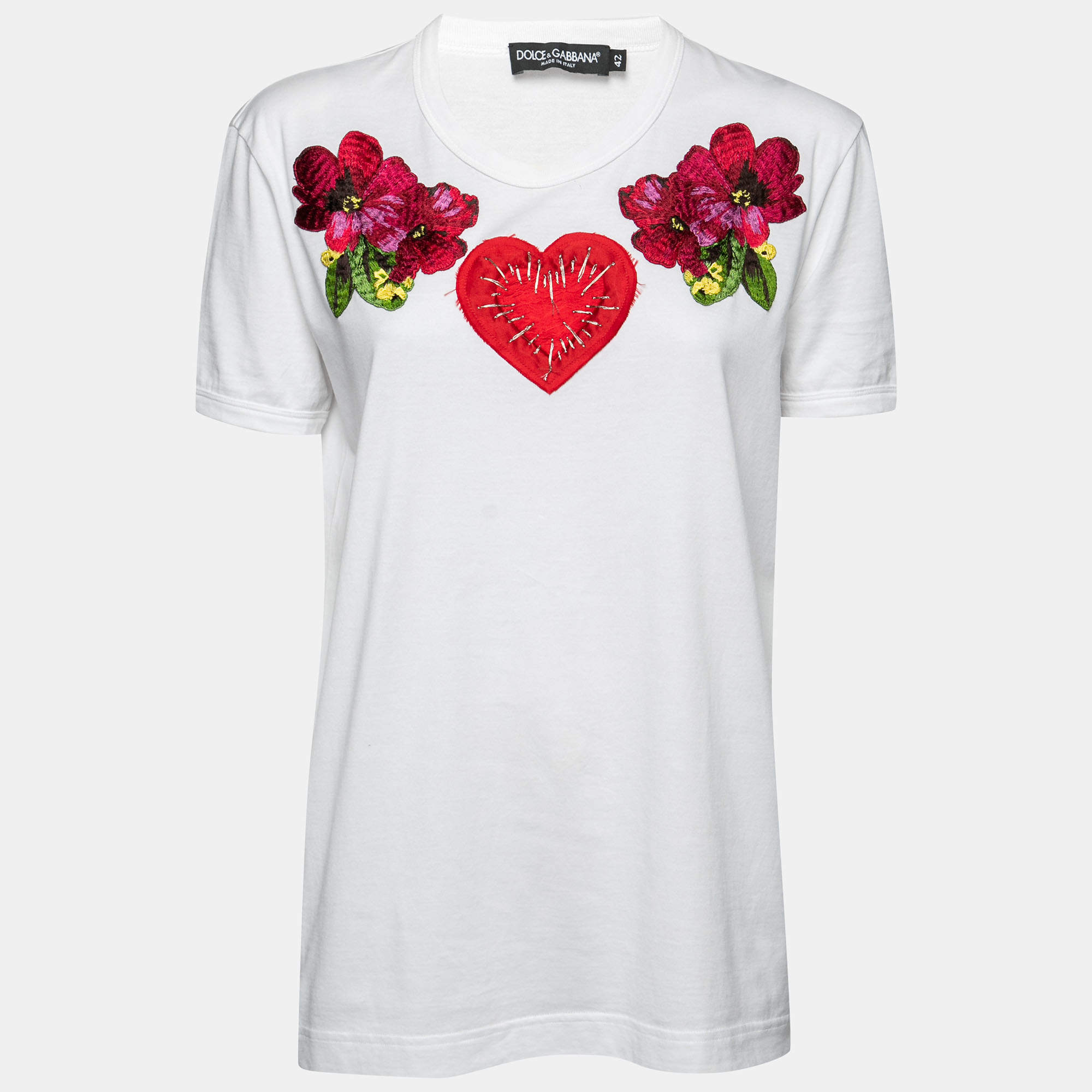 Pre Owned Dolce & Gabbana White Cotton Embroidered T-Shirt M