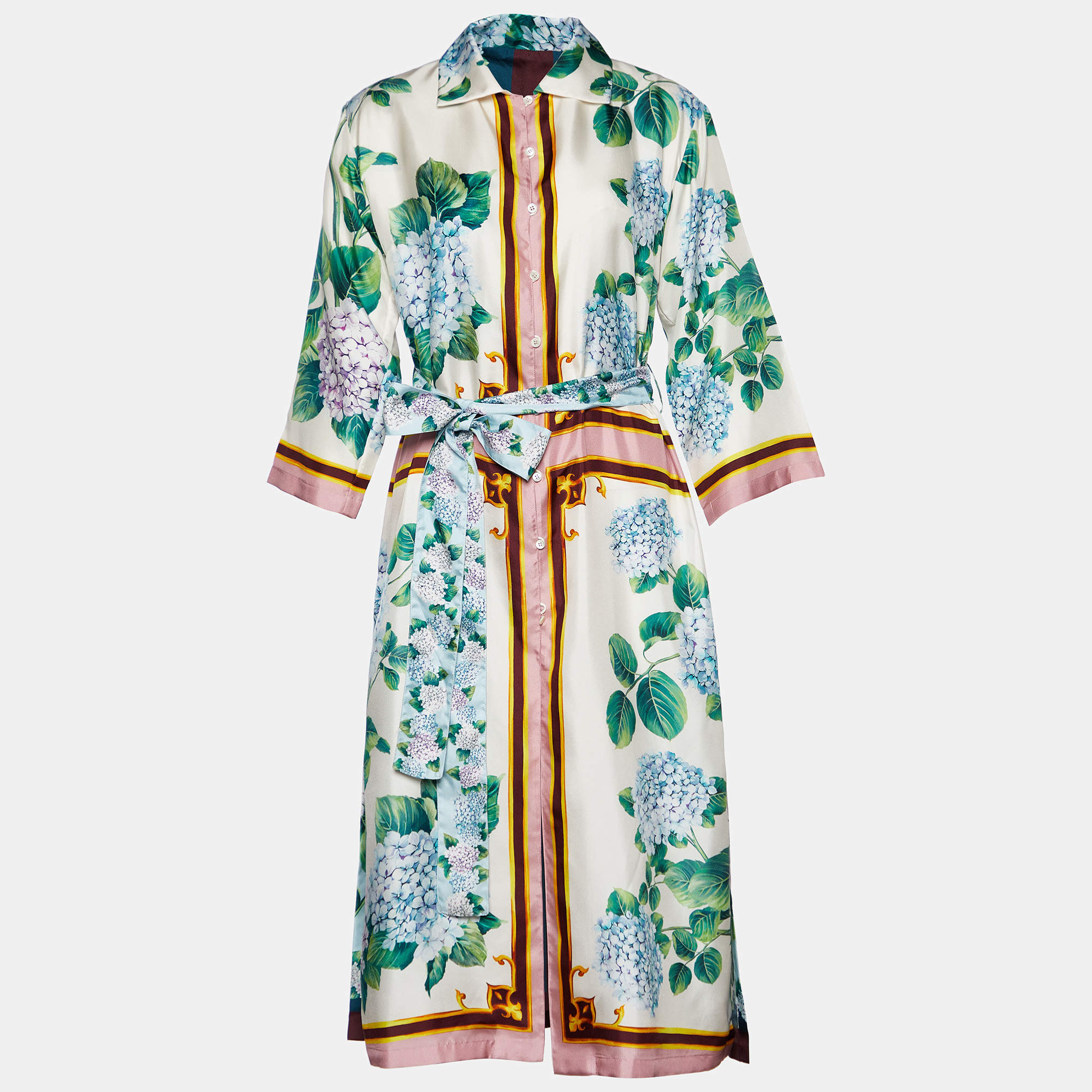 مملو كة مسبقًا Dolce & Gabbana White Ortensia Print Silk Button Front Belted Dress S