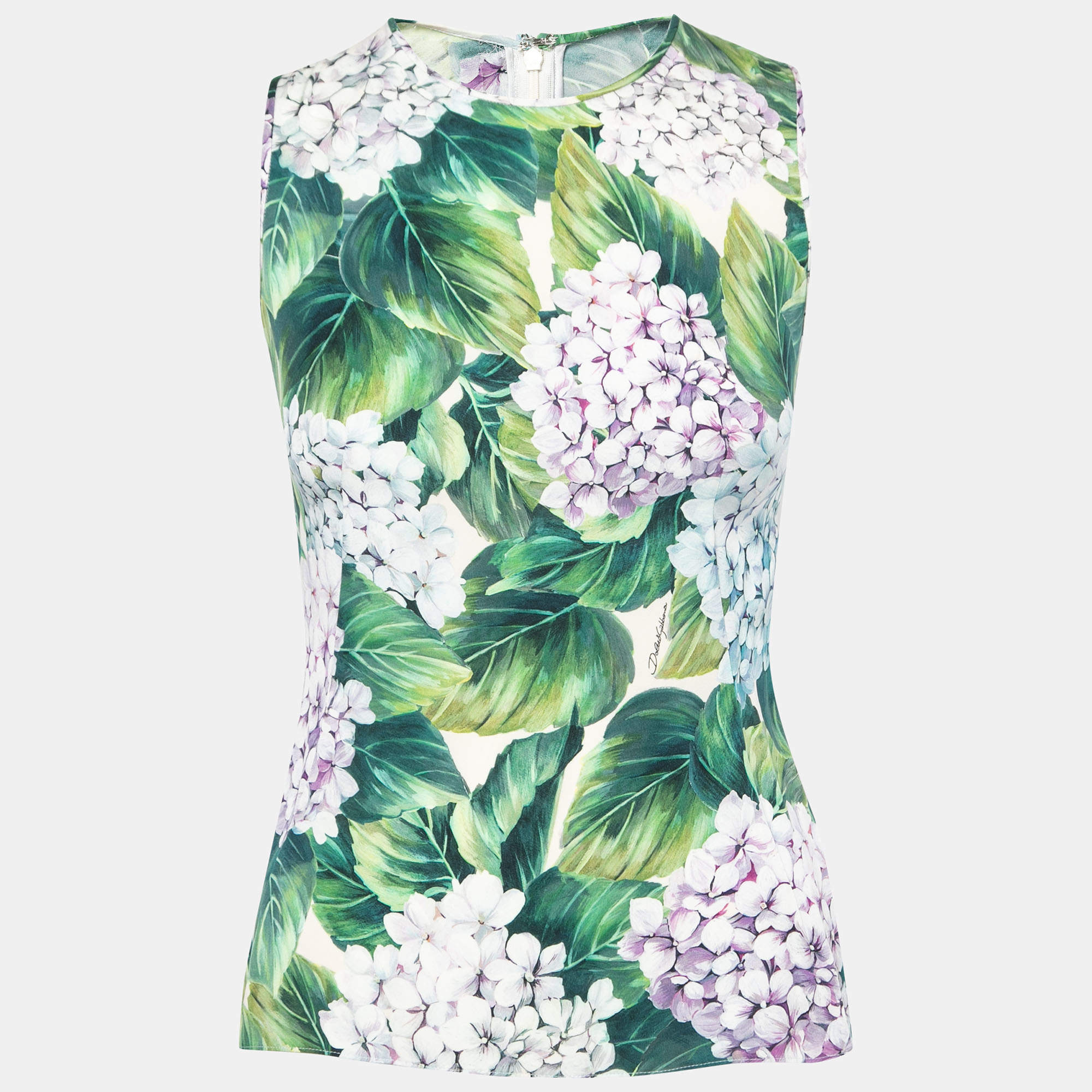 Pre Owned Dolce & Gabbana Green Hydrangea Print Silk Crepe Sleeveless Top S