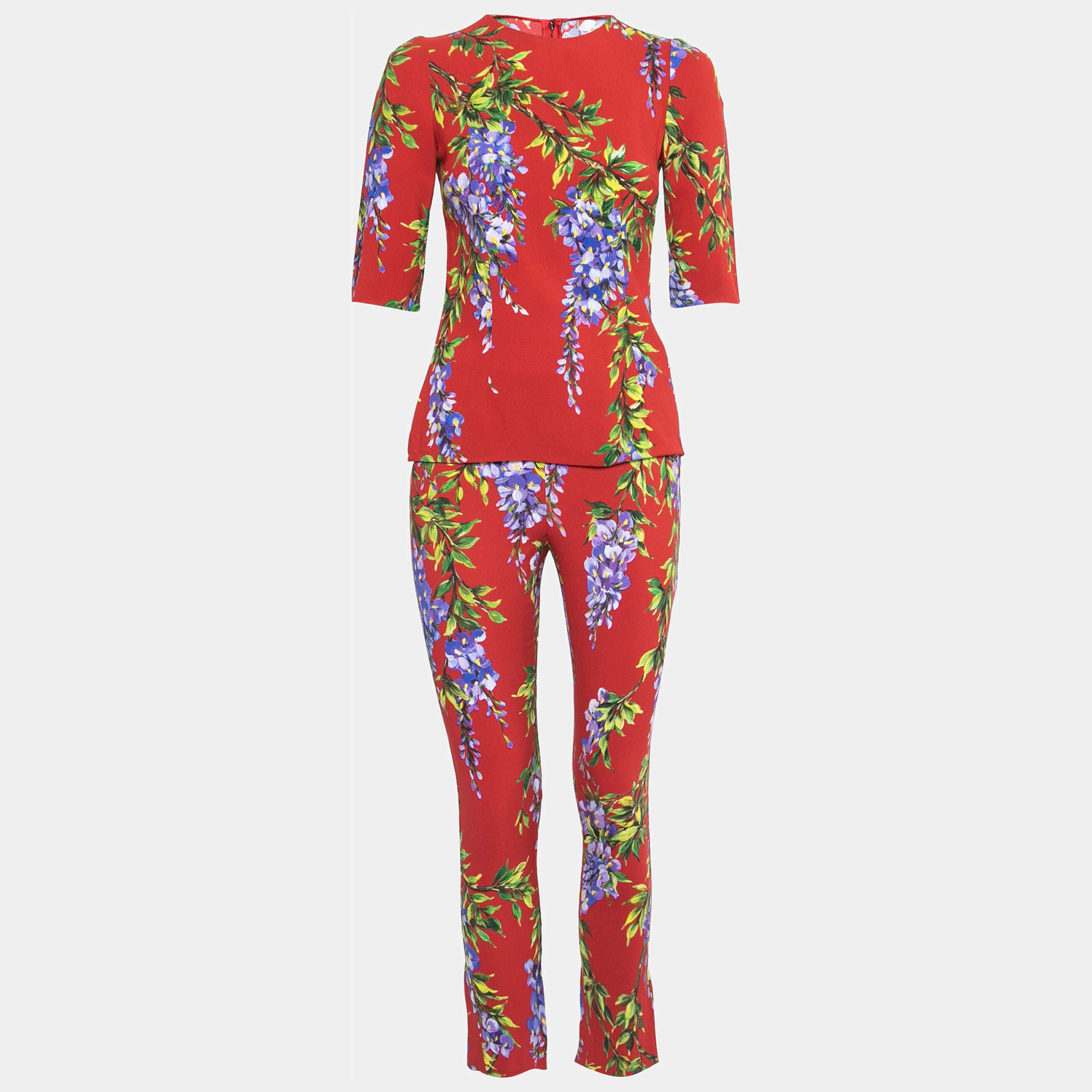 Pre Owned Dolce & Gabbana Red Floral Printed Crepe Top & Slim Fit Pant Set S