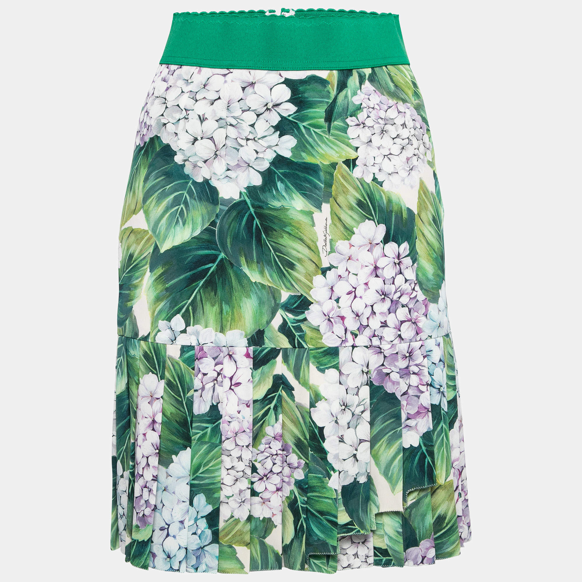 Pre Owned Dolce & Gabbana Green Hydrangea Printed Silk Crepe Pleated Hem Skirt XS