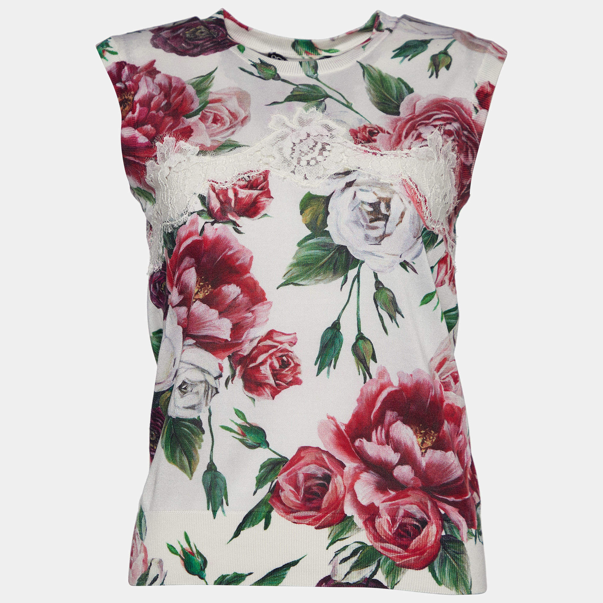 Pre Owned Dolce & Gabbana White Floral Print Silk Knit Lace Trim Top M