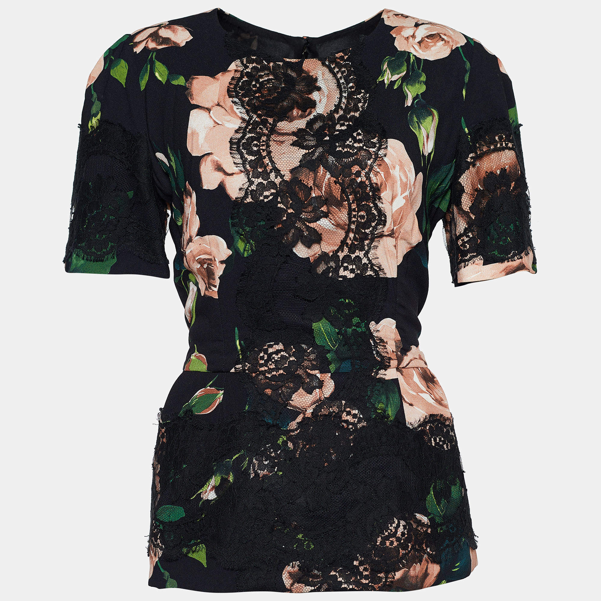 Pre Owned Dolce & Gabbana Black Floral Printed Crepe & Lace Top L