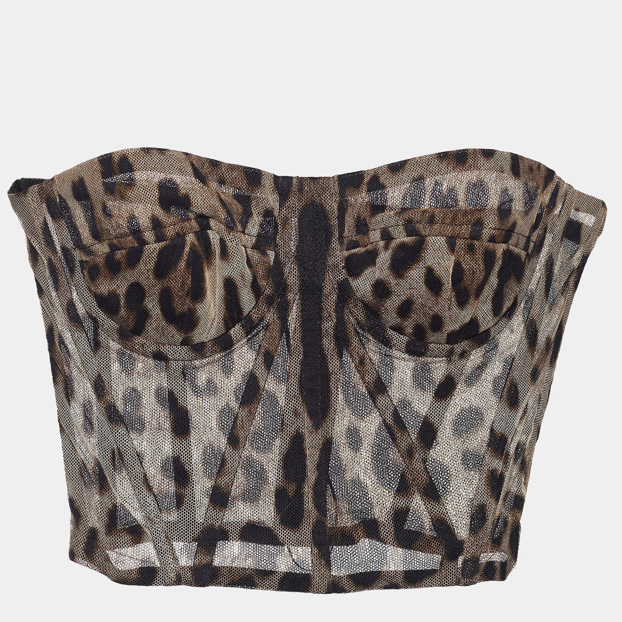 Pre Owned Dolce & Gabbana Brown Animal Print Tulle Bustier Crop Top M