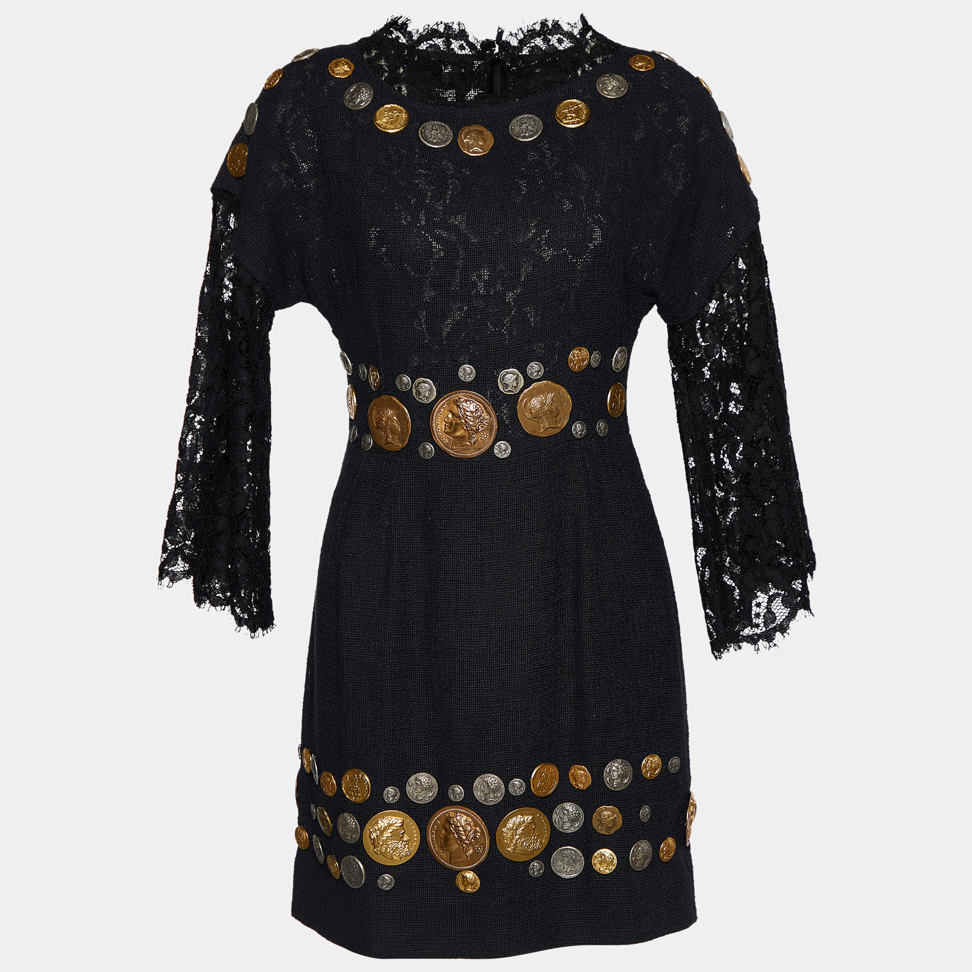 Pre Owned Dolce & Gabbana Black Cotton Coin Embellished Mini Dress S
