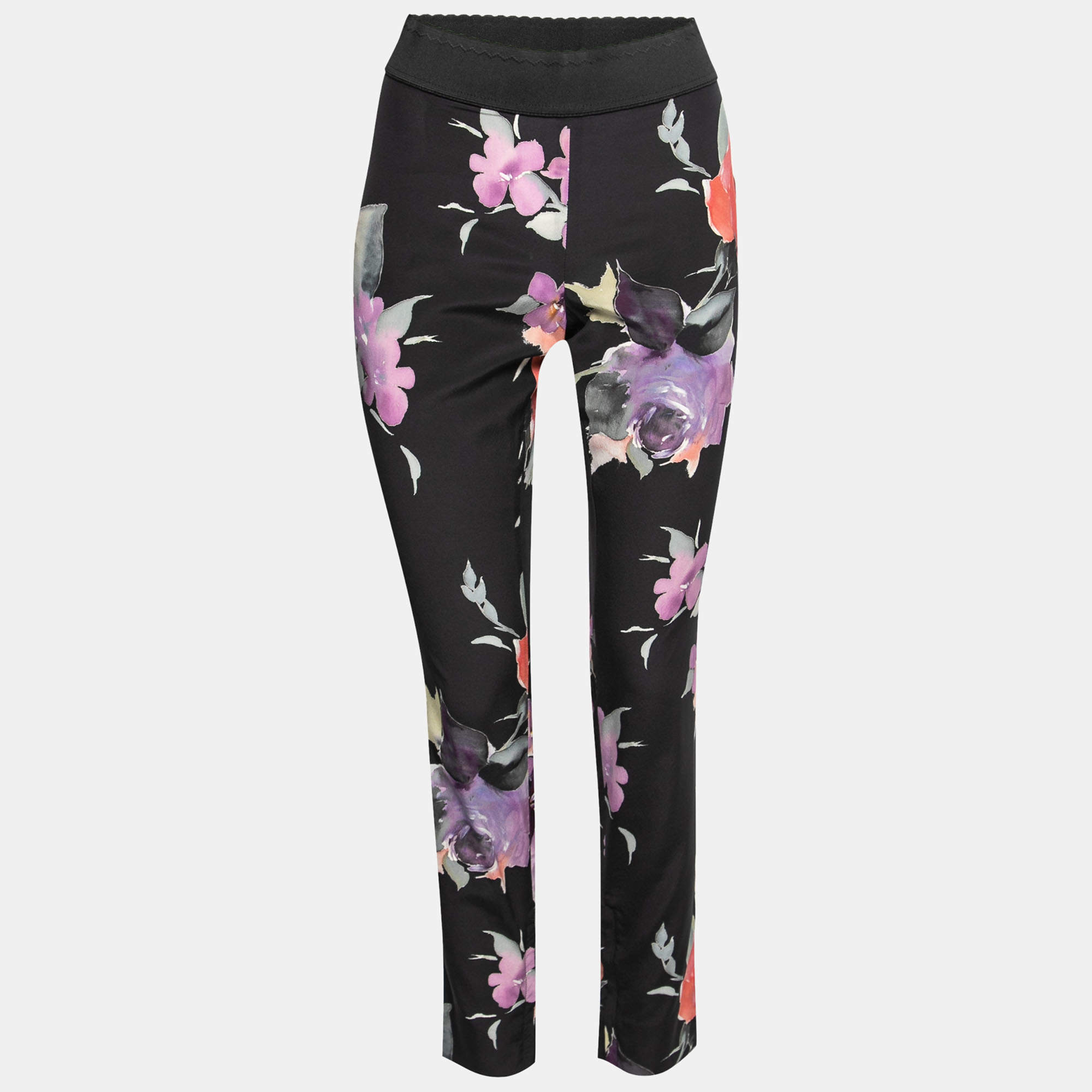 Pre Owned Dolce & Gabbana Black Floral Printed Silk Crepe Trousers M