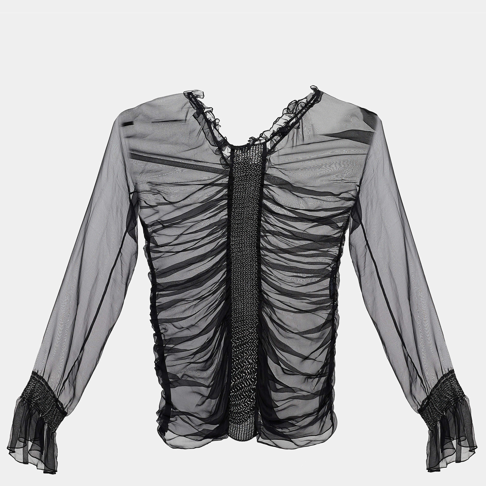 Pre Owned Dolce & Gabbana Black Silk Ruched Sheer Blouse M