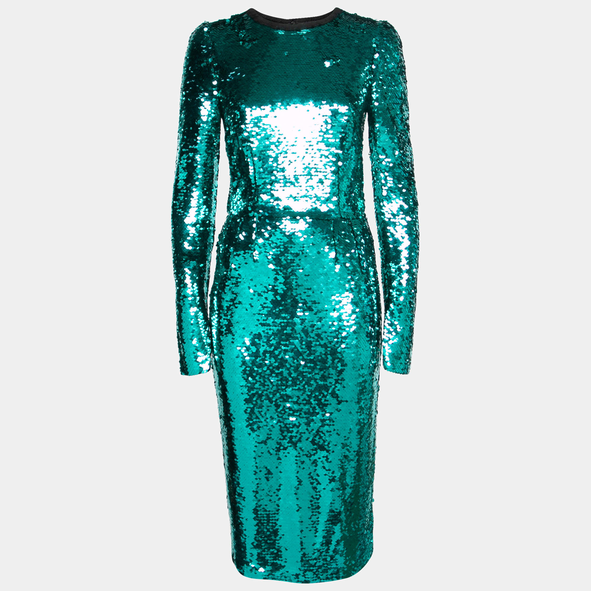Pre Owned Dolce & Gabbana Green Sequin Embellished Long Sleeve Dress M
