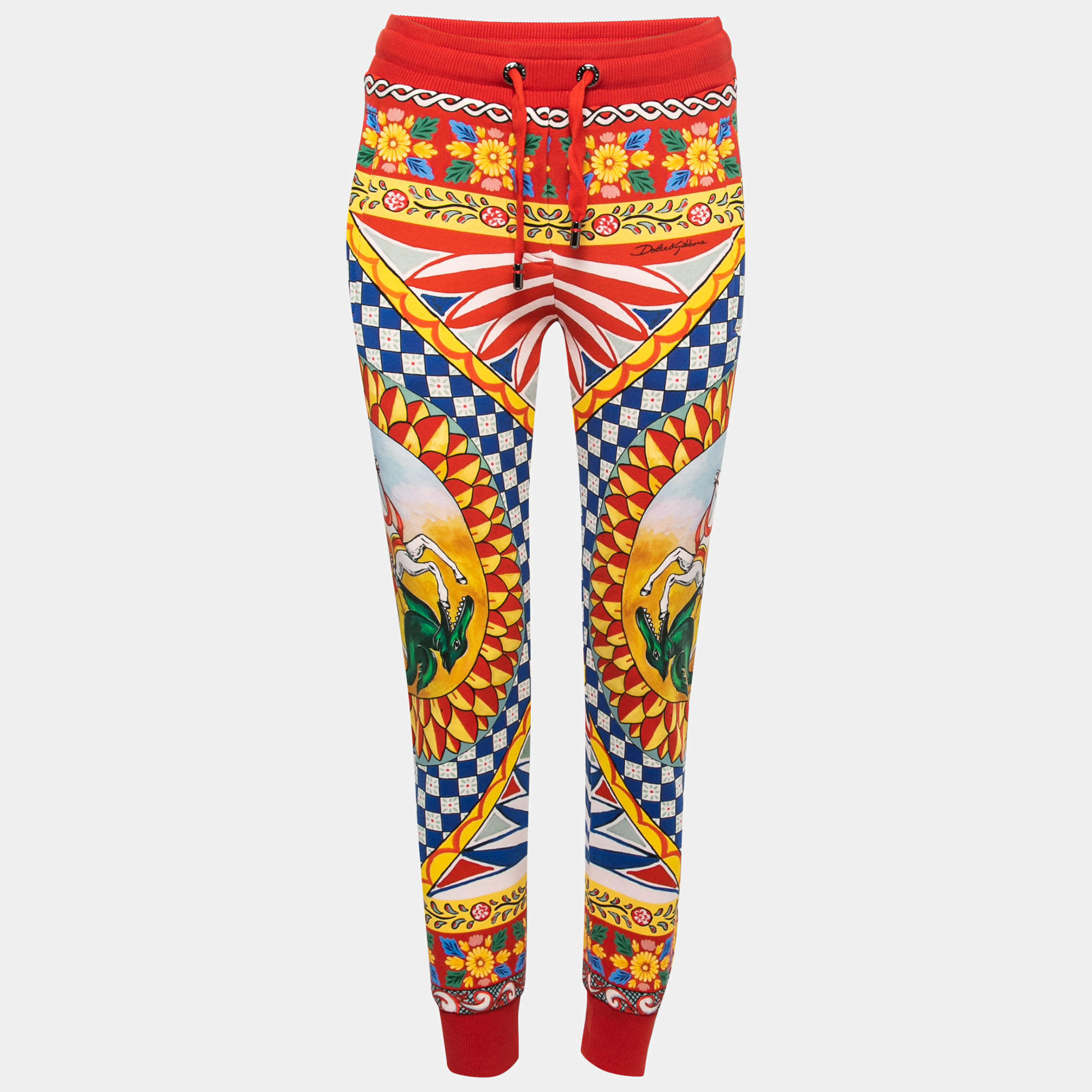 Pre Owned Dolce & Gabbana Multicolor Printed Cotton Rib Knit Trimmed Joggers XS