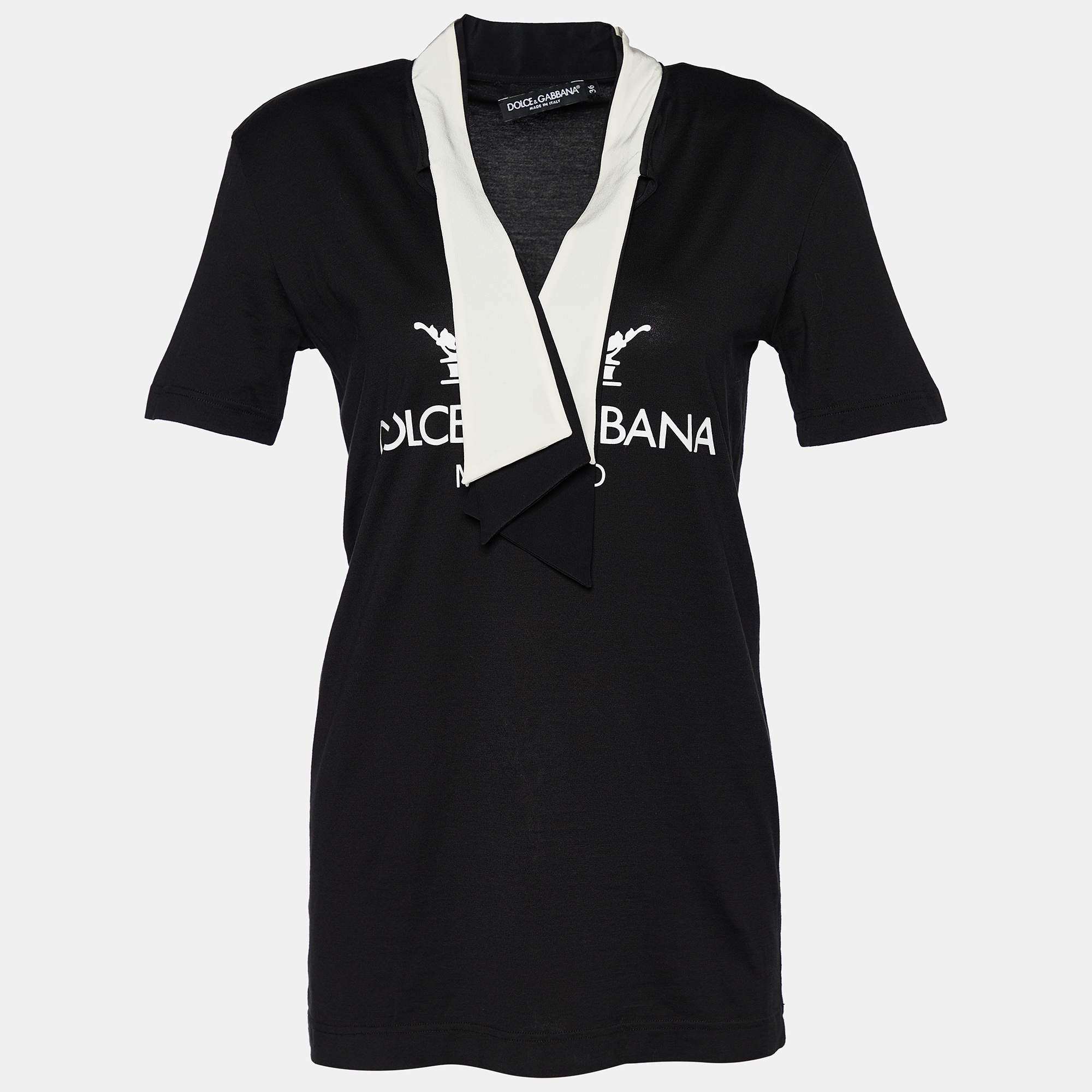 Pre Owned Dolce & Gabbana Black Logo Printed Cotton Neck Tie Detail Oversized T-Shirt XS