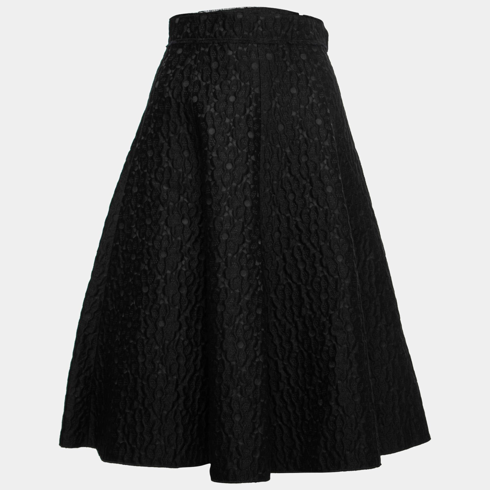 Pre Owned Dolce & Gabbana Black Floral Textured Wool Flared Midi Skirt S
