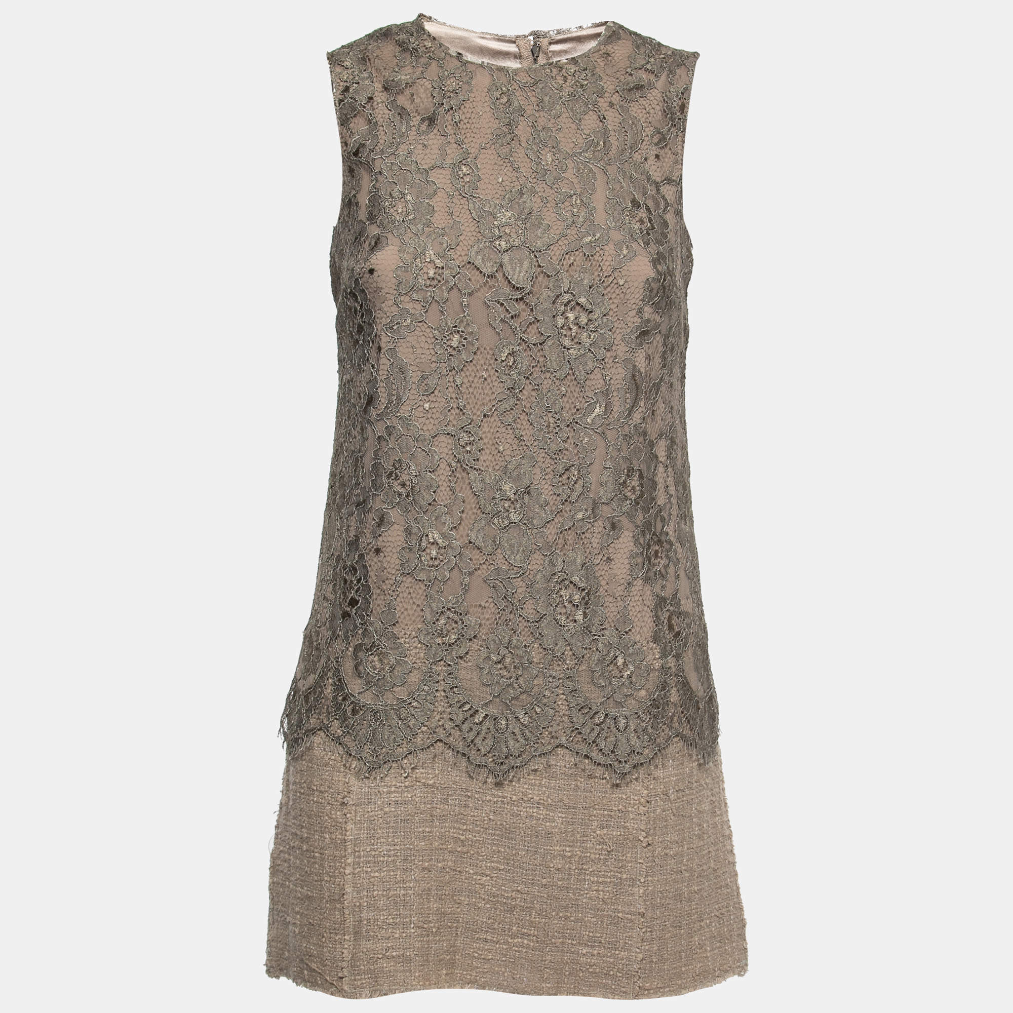 Pre Owned Dolce & Gabbana Beige Tweed & Lace Overlay Sleeveless Shift Dress S
