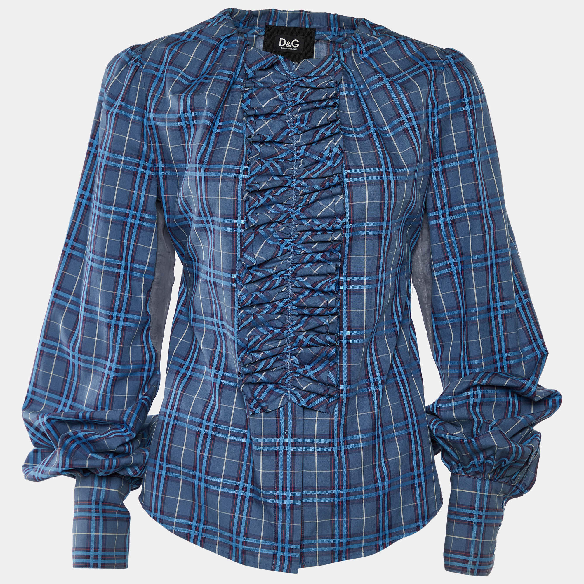D&G Blue Checkered Cotton Ruffle Neck Shirt M
