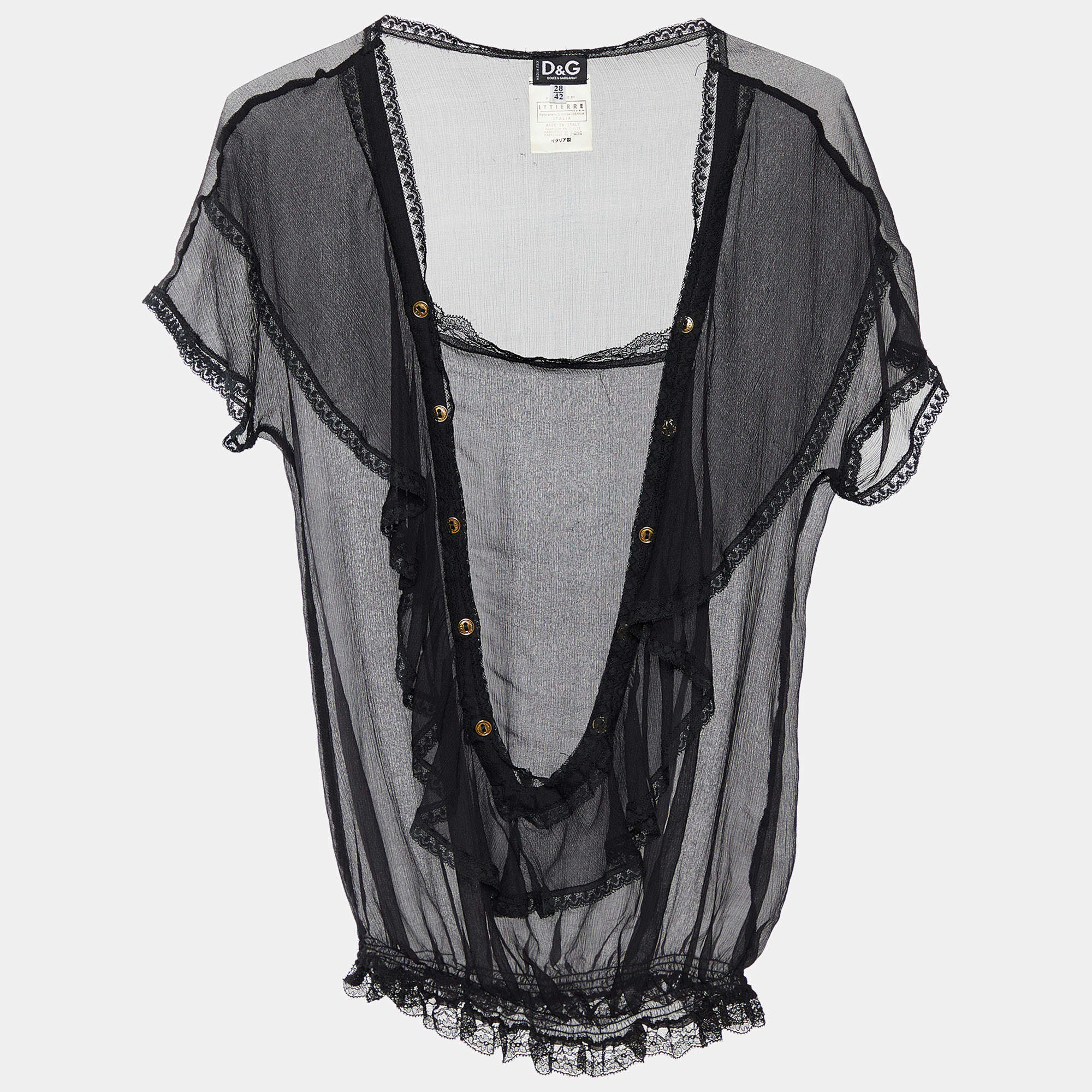 Pre Owned Dolce & Gabbana Black Silk Chiffon Ruffled Sheer Top M