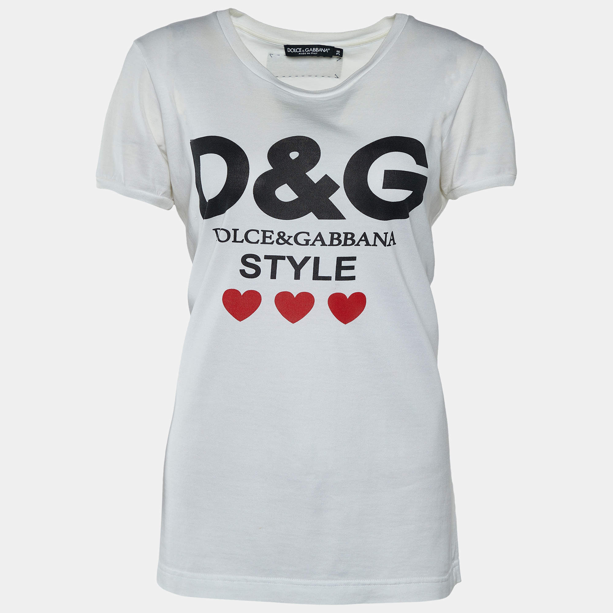 Pre Owned Dolce & Gabbana White Heart & Logo Printed Cotton T-Shirt S