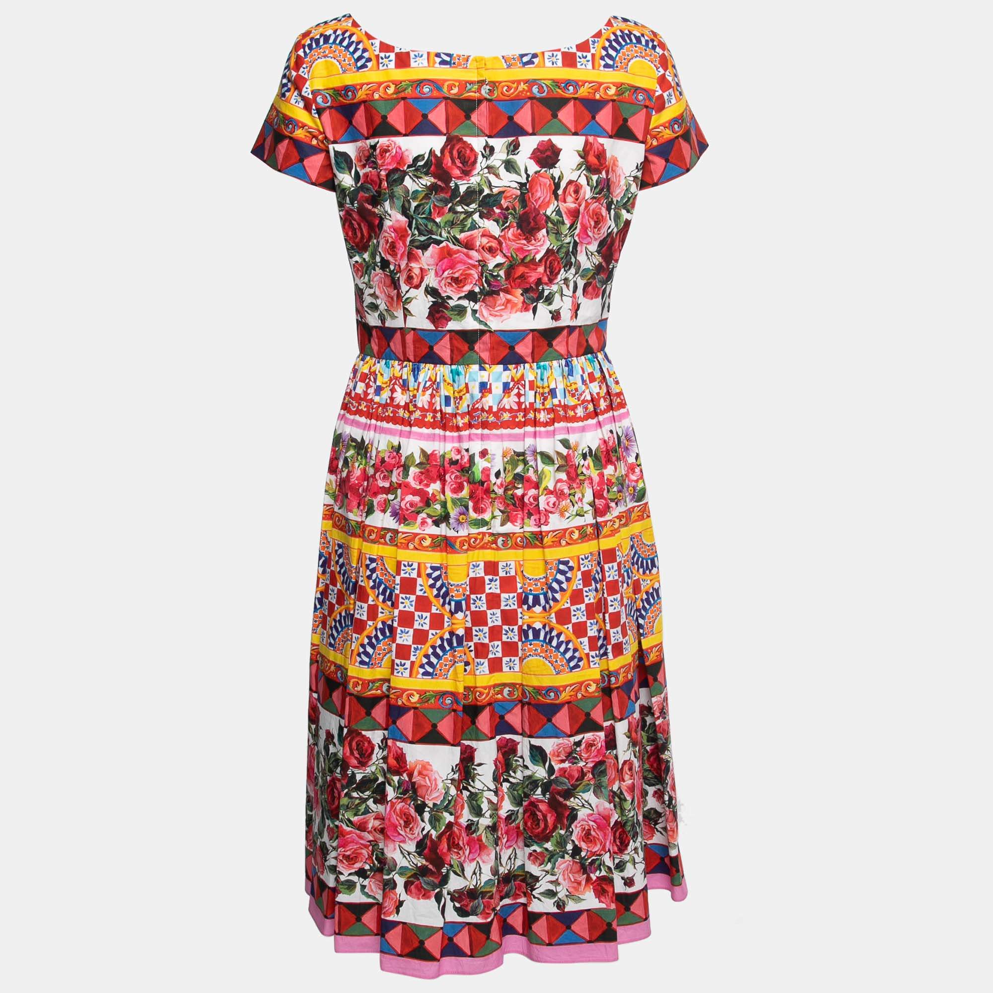 Pre Owned Dolce & Gabbana Multicolor Floral Printed Cotton Pleated Midi Dress M