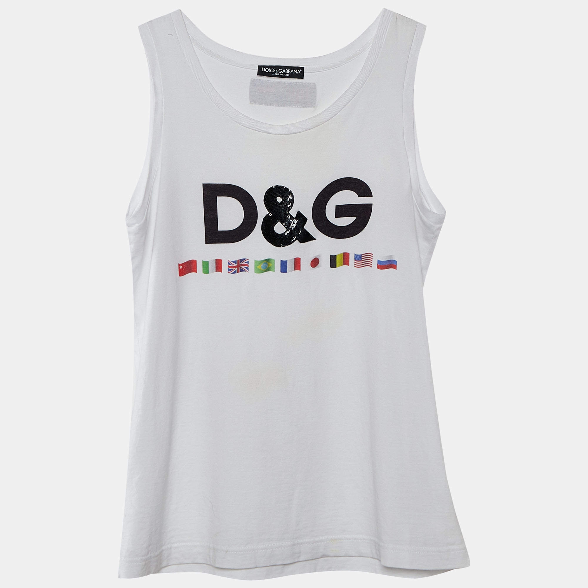 Pre Owned Dolce & Gabbana White Flag Logo Printed Cotton Knit Tank Top M