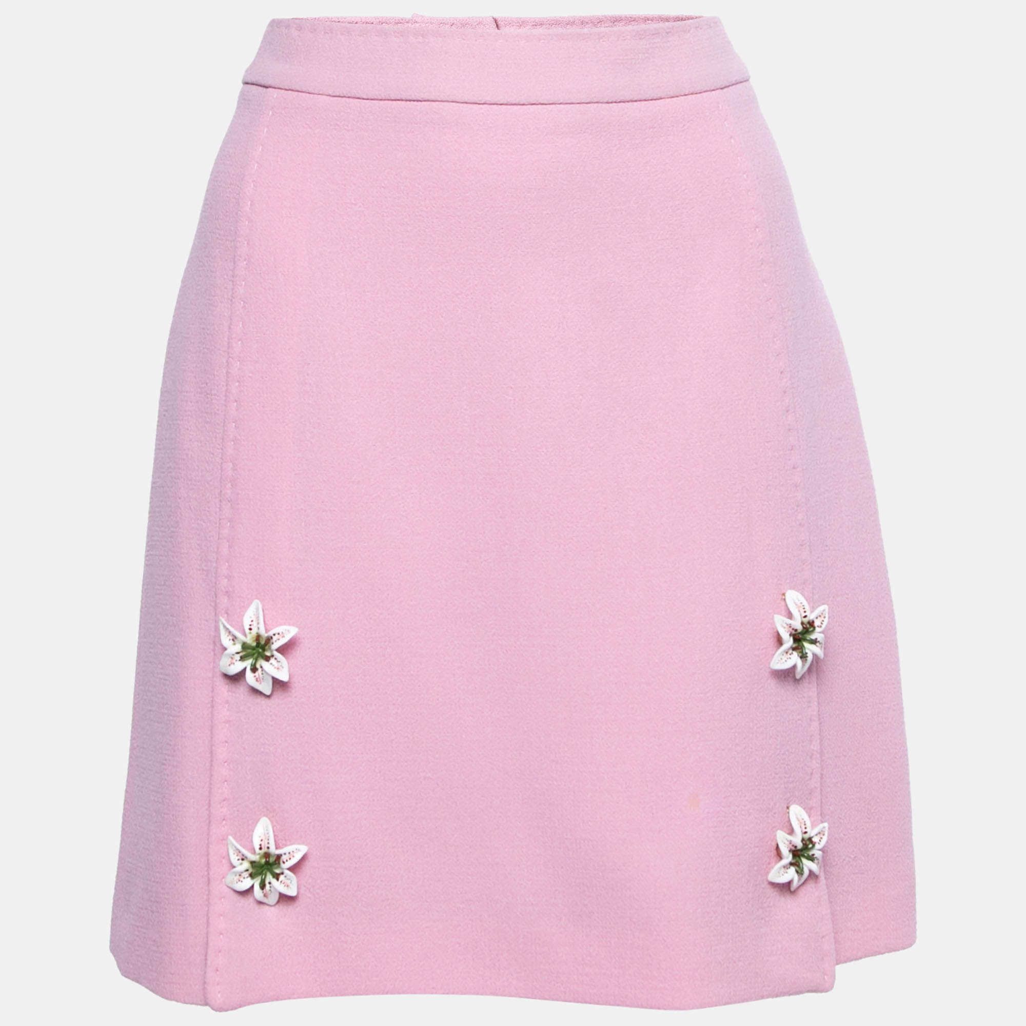 Pre Owned Dolce & Gabbana Pink Wool Flower-Button Detail Mini Skirt M