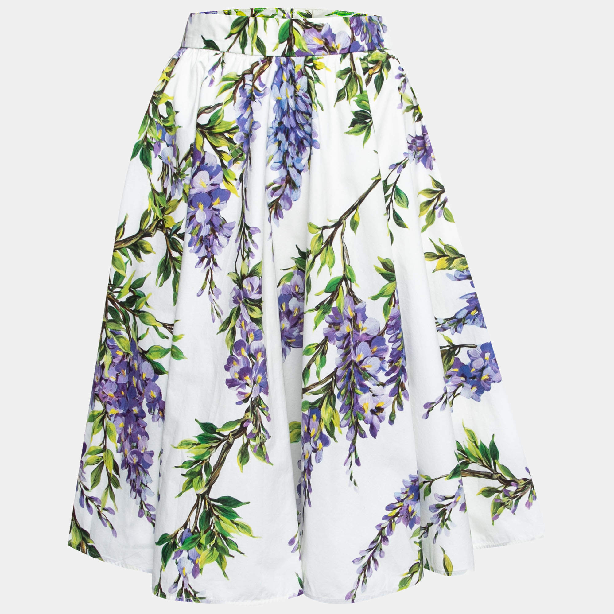 Pre Owned Dolce & Gabbana White Floral Printed Cotton Flared Skirt M