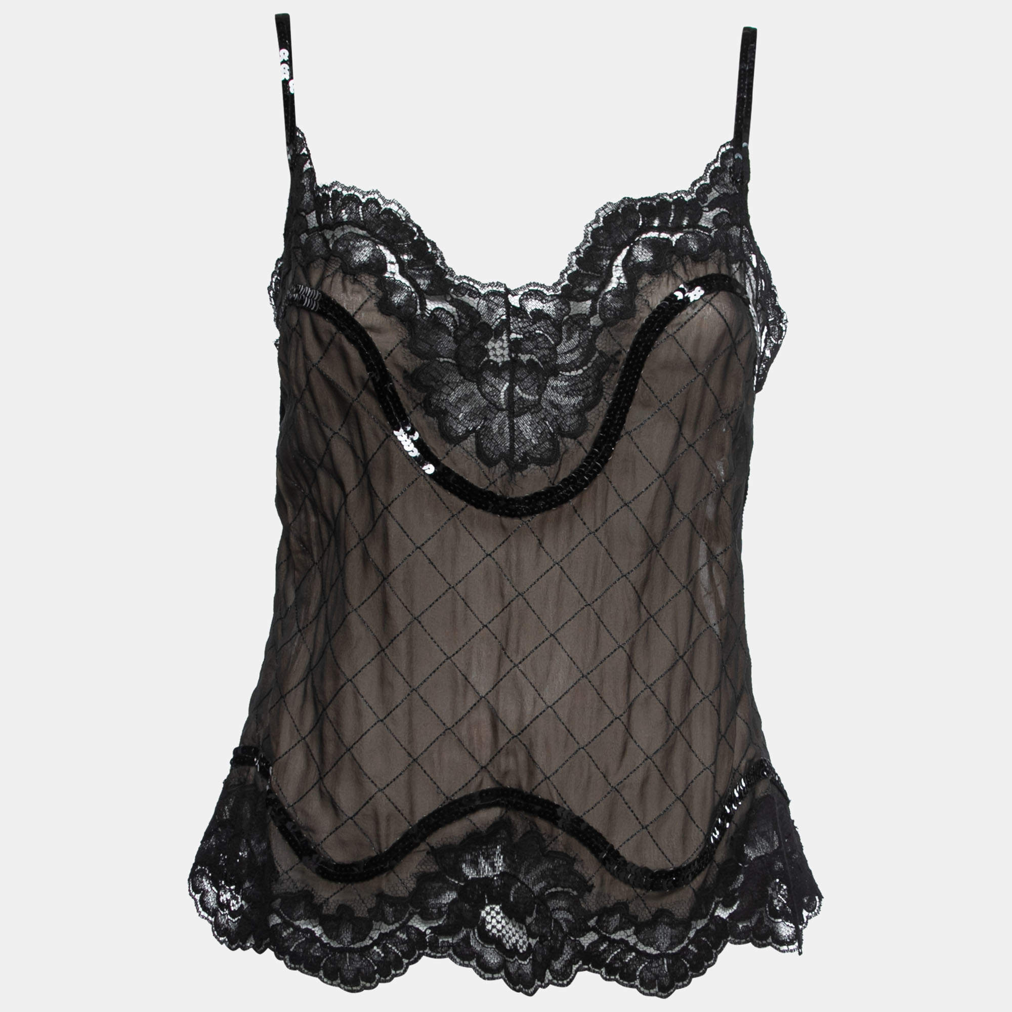 Pre Owned Dolce & Gabbana Black Silk & Lace Sequin Embellished Top M