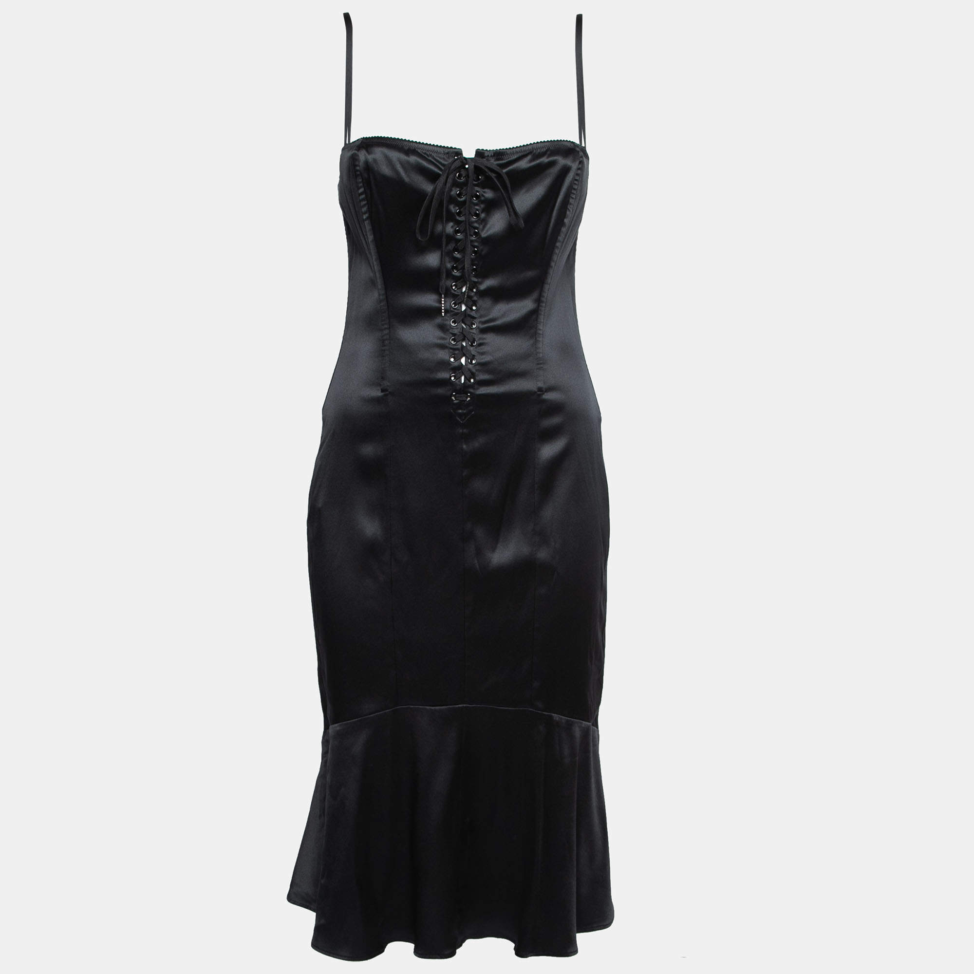 Dolce & Gabbana Black Stretch Silk Satin Lace Up Detail Corset Dress M