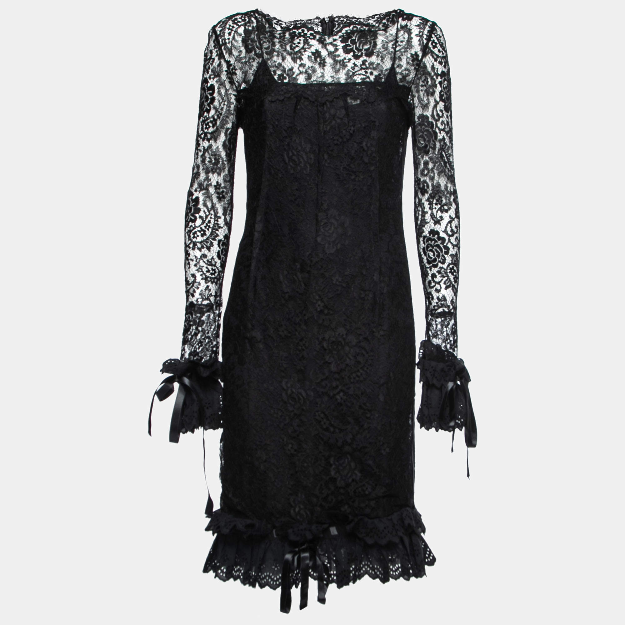 مملوكة مسبقًا Dolce & Gabbana Black Lace & Eyelet Ruffle Trimmed Dress M