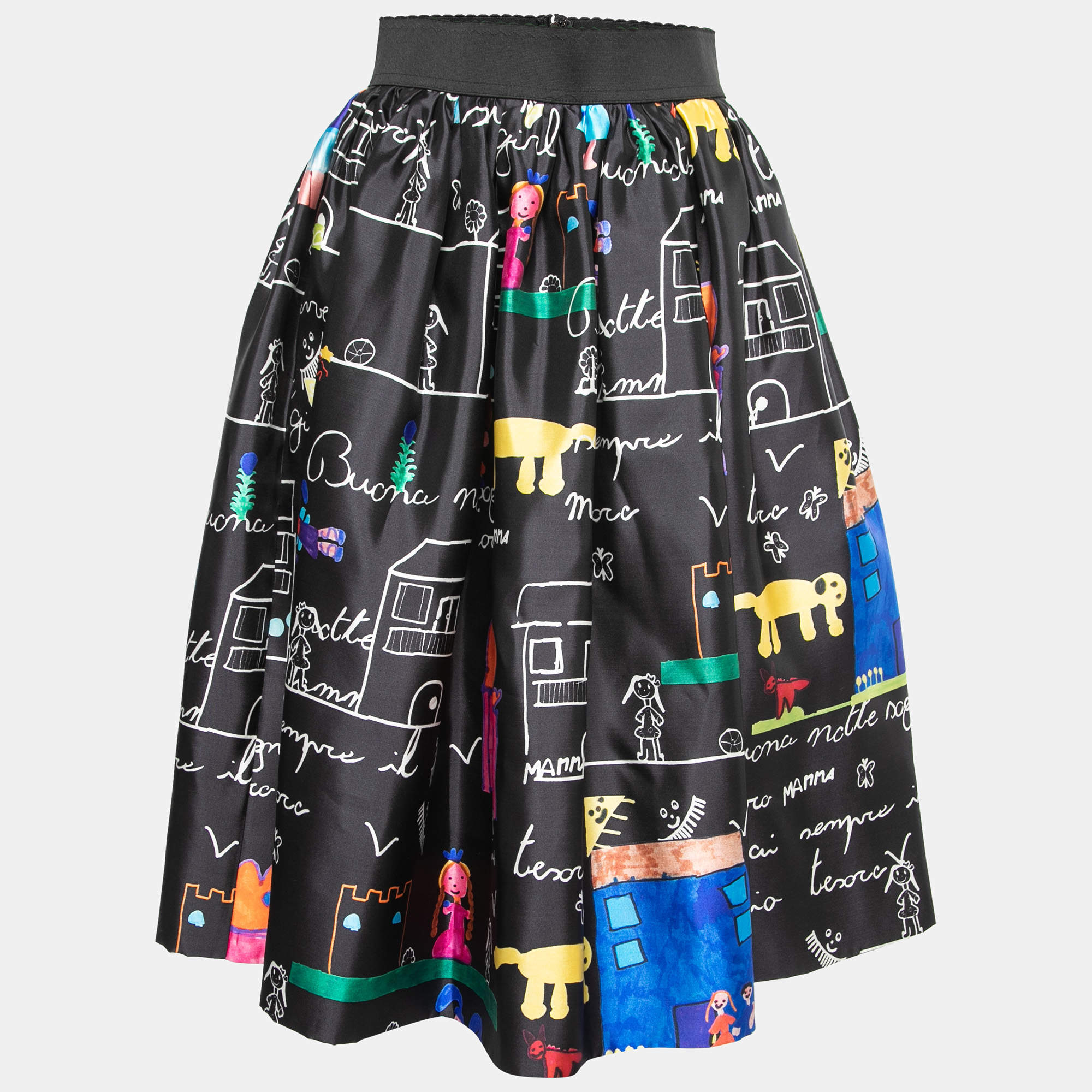 Pre Owned Dolce & Gabbana Black Children's Painted Printed Silk Mikado Skirt S