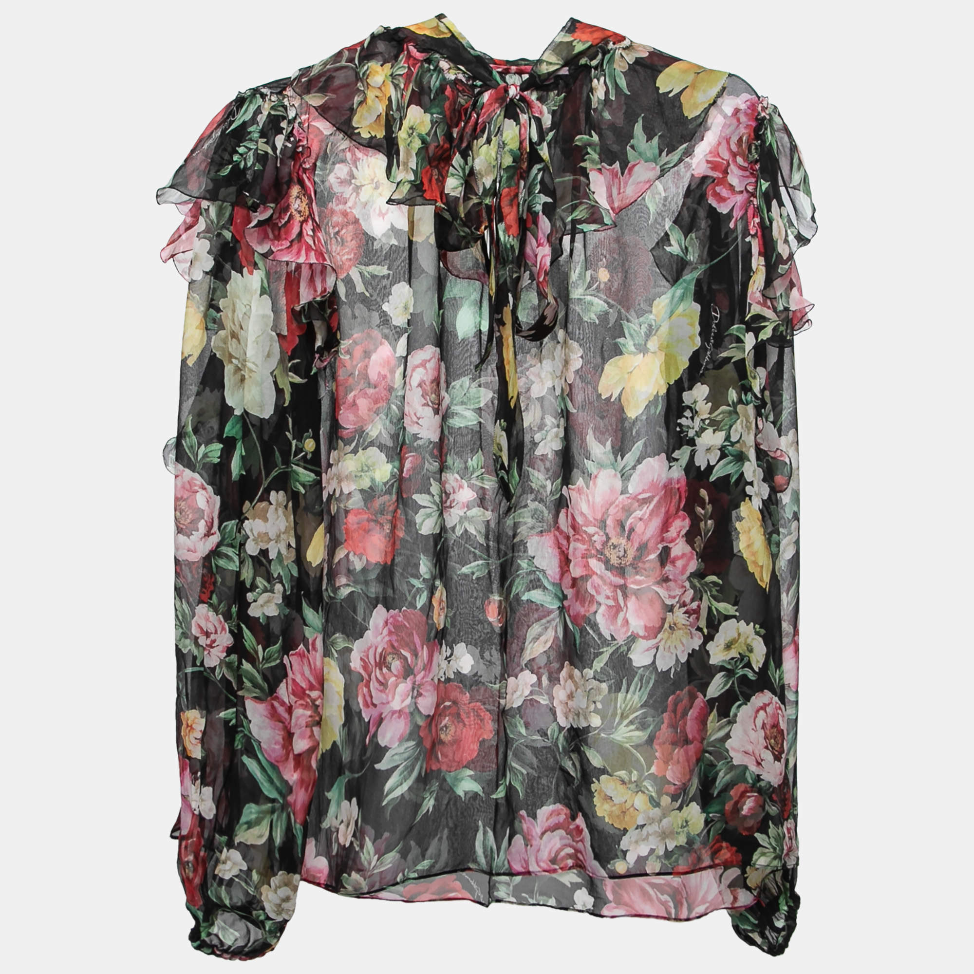Pre Owned Dolce & Gabbana Black Floral Printed Silk Ruffled Tie-Neck Blouse M