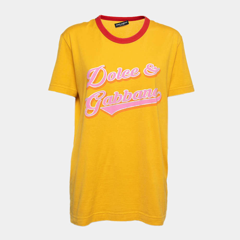 Pre Owned Dolce & Gabbana Yellow Printed Cotton Short Sleeve T-Shirt M
