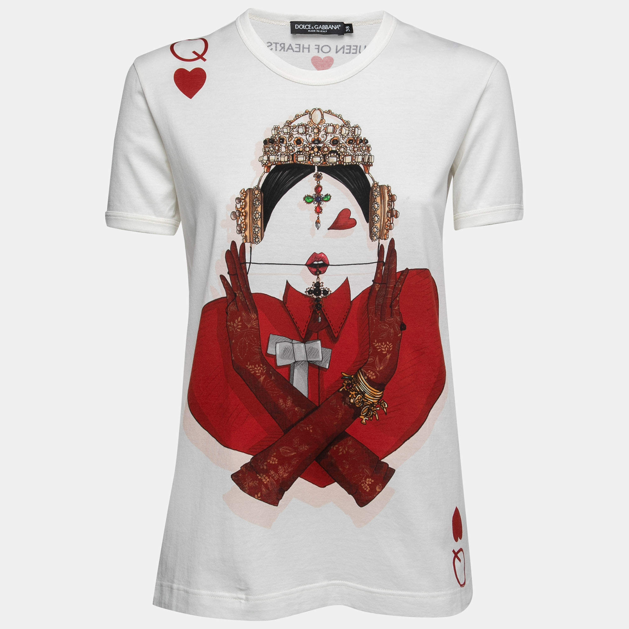 Pre Owned Dolce & Gabbana White Cotton Queen of Hearts Print T-Shirt S