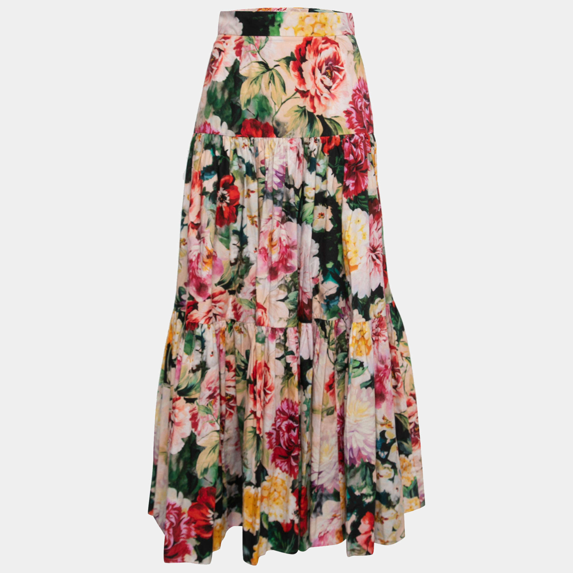 Pre Owned Dolce & Gabbana Pink Multicolor Floral Printed Cotton Maxi Skirt S
