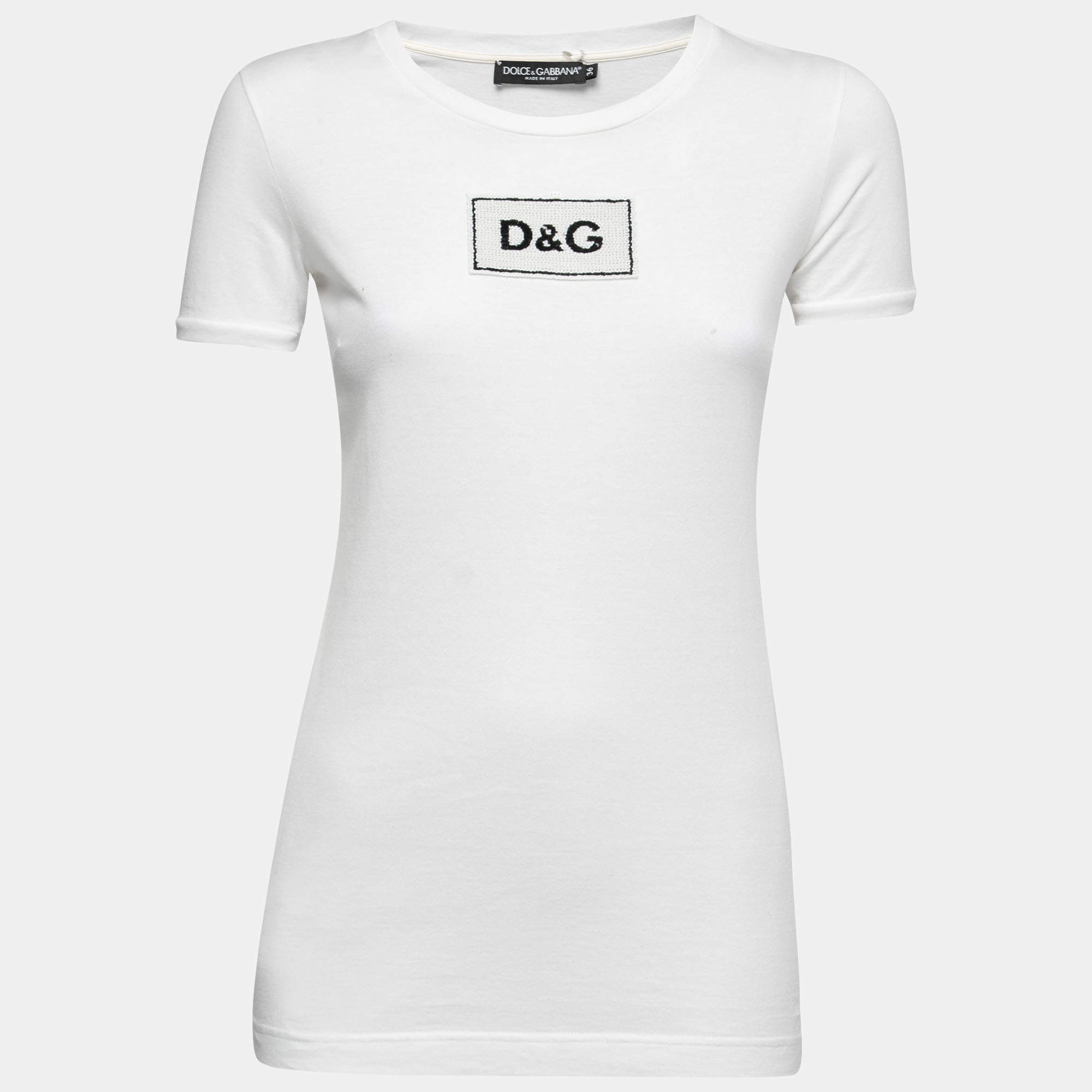 Pre Owned Dolce & Gabbana White Cotton Sequined Logo Patch T-Shirt XS