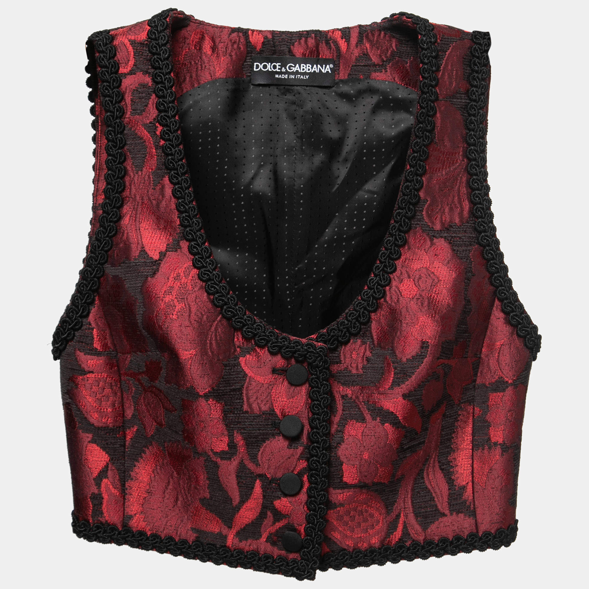 Pre Owned Dolce & Gabbana Red Floral Jacquard Embroidered Trim Cropped Vest XS
