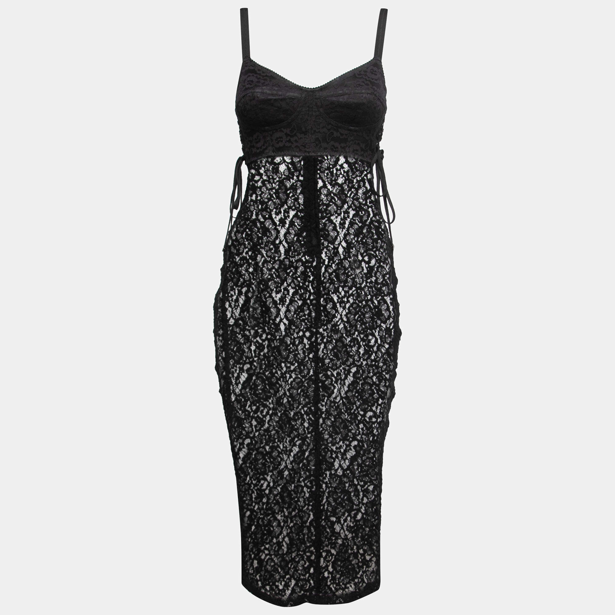 Pre Owned Dolce & Gabbana Black Lace Bustier Bodycon Midi Dress XS