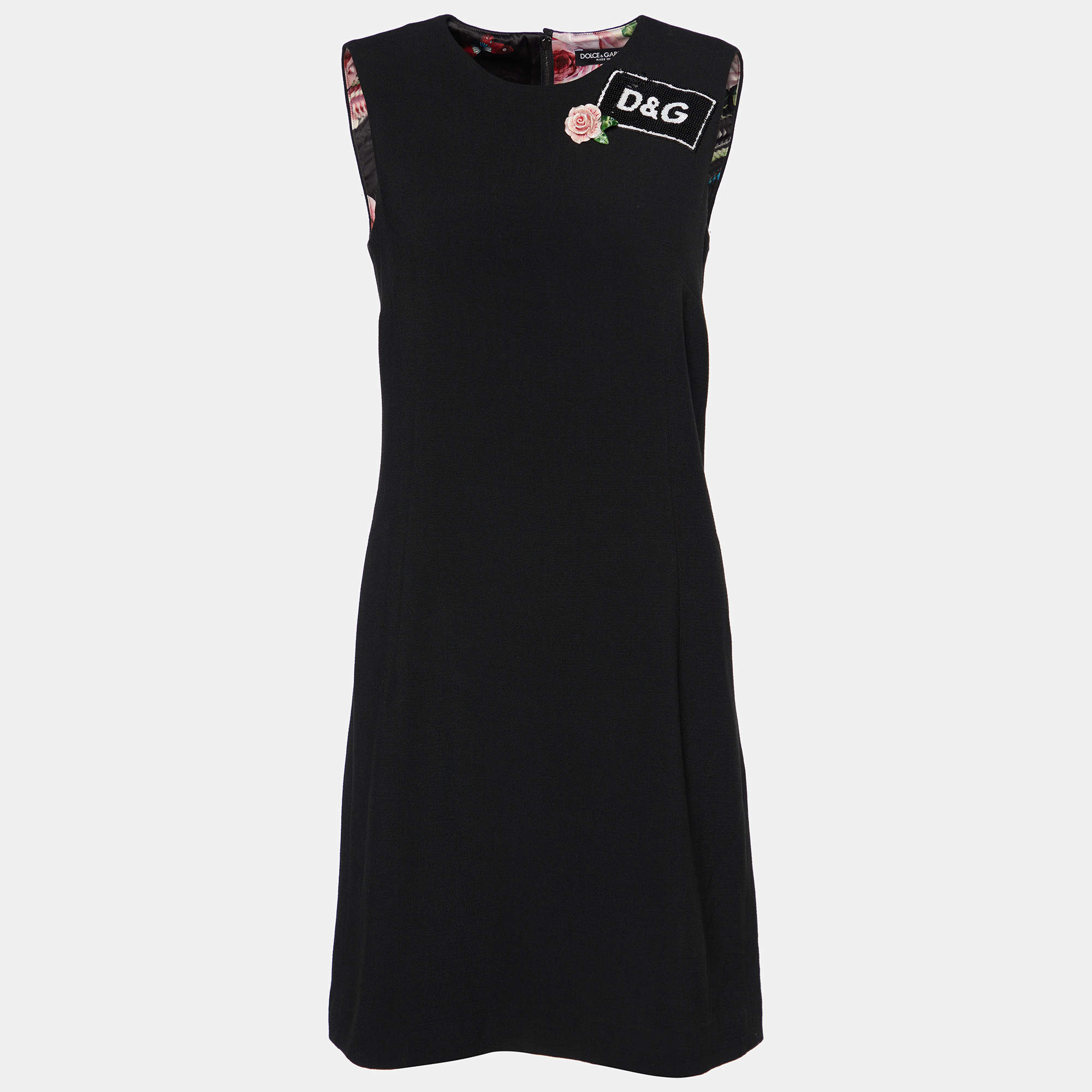 Pre Owned Dolce & Gabbana Black Logo Sequined Wool Sleeveless Shift Dress S