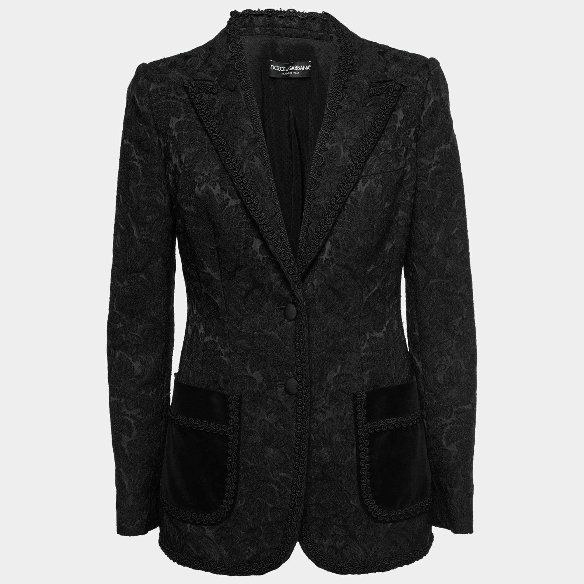 Dolce & Gabbana Black Floral Jacquard Lace Trim Blazer M