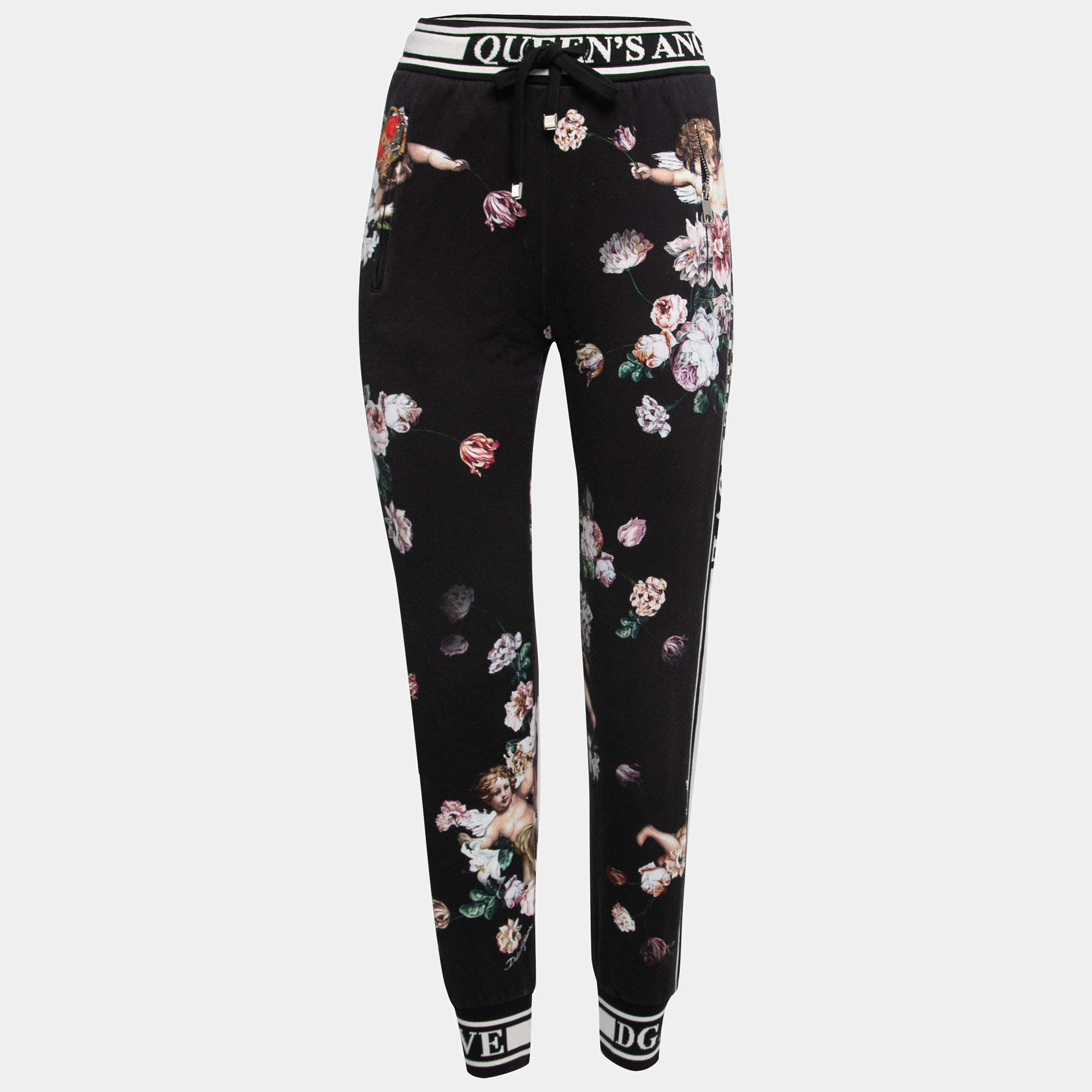 Pre Owned Dolce & Gabbana Black Angel Print Cotton Track Pants XS