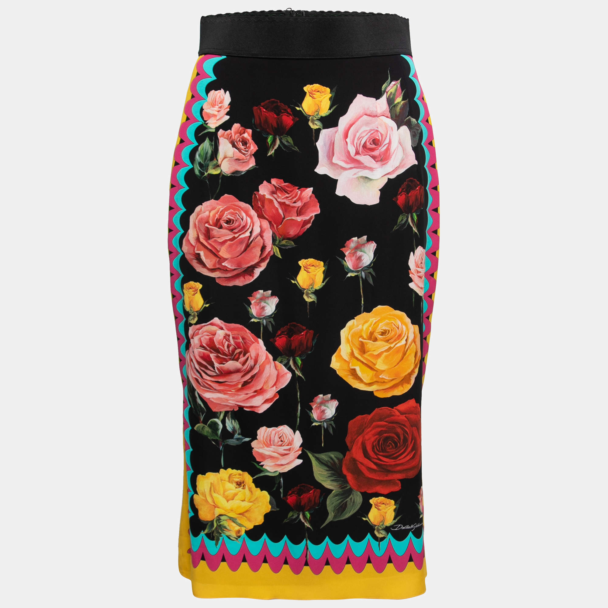 Pre Owned Dolce & Gabbana Multicolor Rose Printed Silk Pencil Skirt M