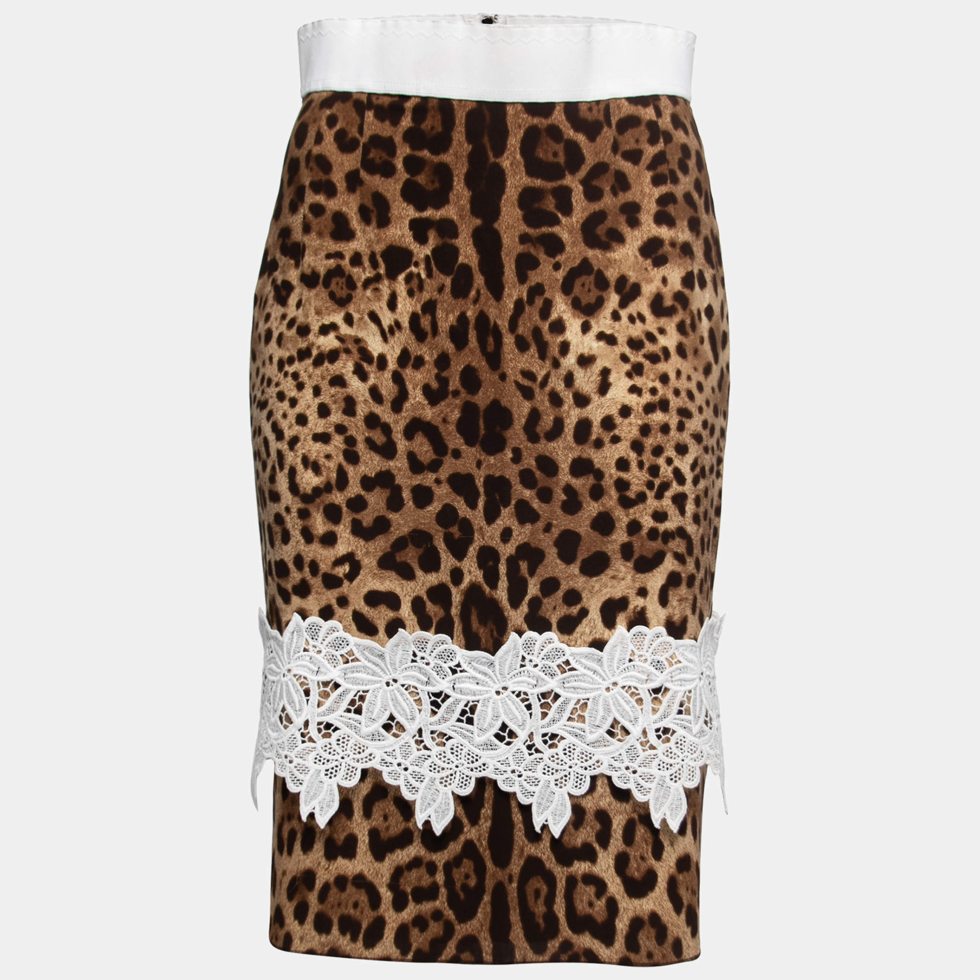 Pre Owned Dolce & Gabbana Brown Leopard Print Silk Lace Trimmed Skirt M
