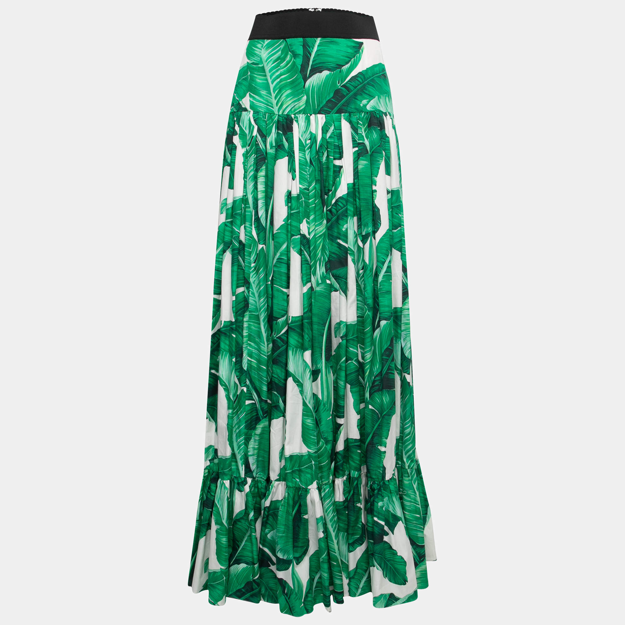 Pre Owned Dolce & Gabbana Green Palm Print Cotton Ruffled Maxi Skirt S