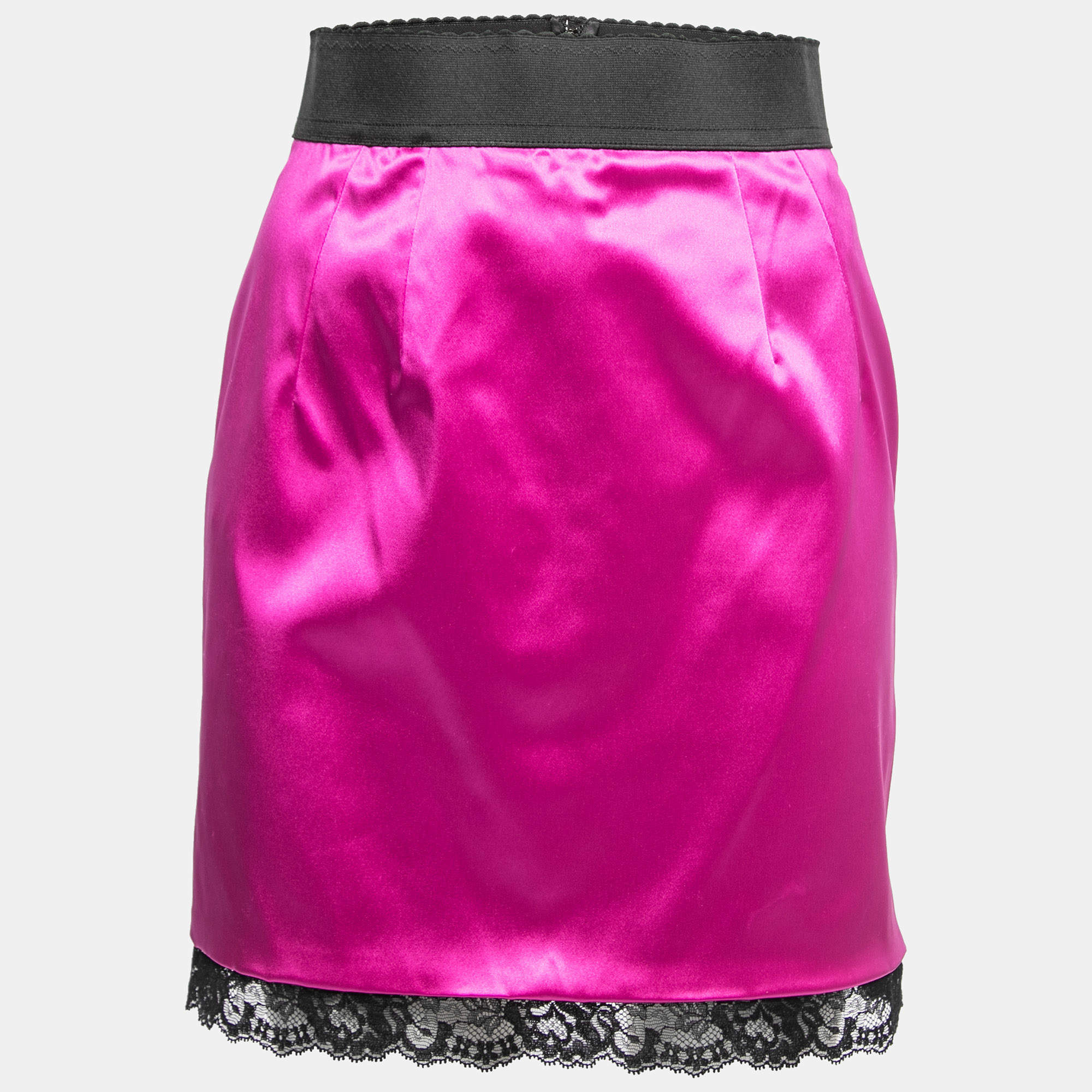 Pre Owned Dolce & Gabbana Magenta Pink Stretch Satin Lace Trim Mini Skirt S