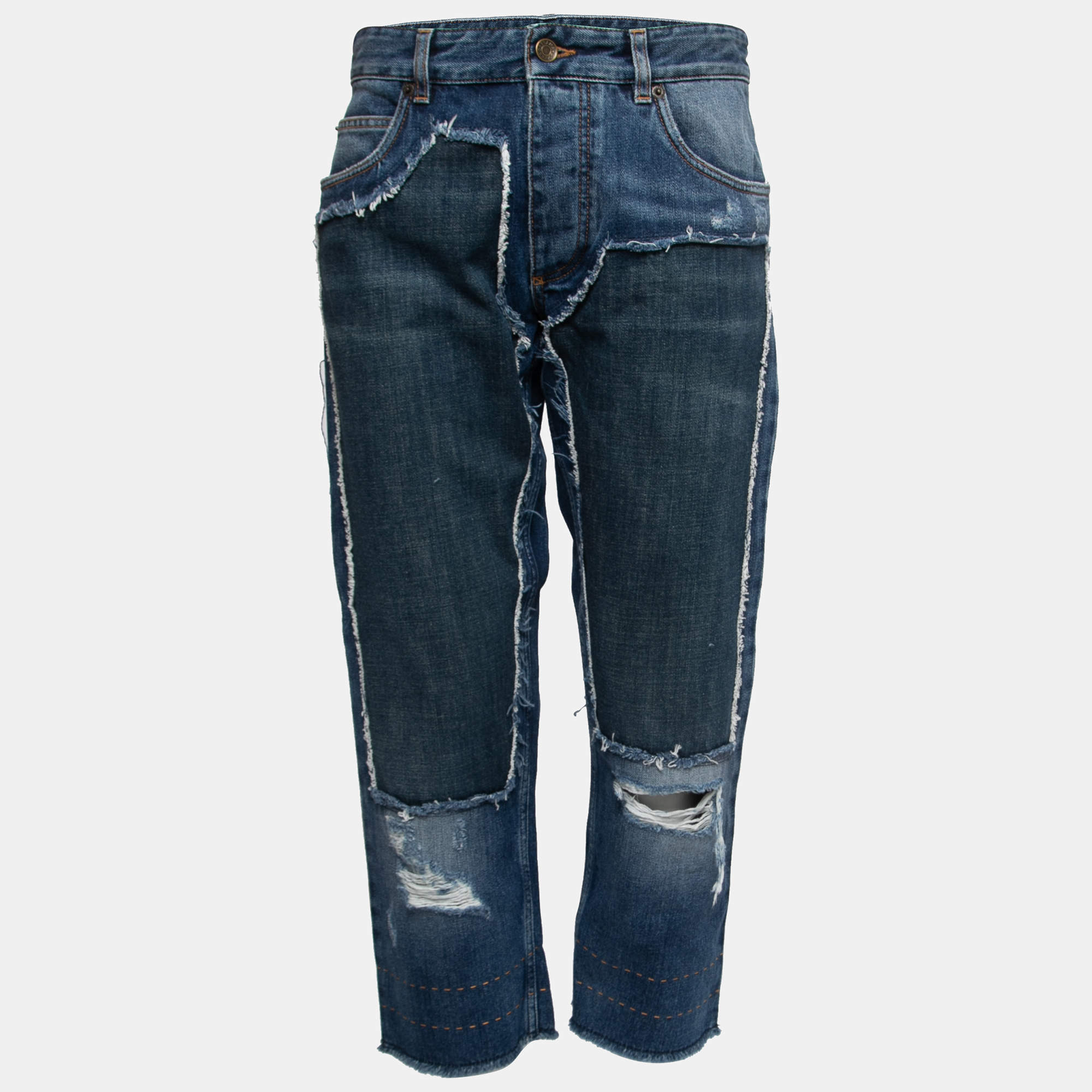 Pre Owned Dolce & Gabbana Inigo Denim Patchwork Frayed Crop Jeans M