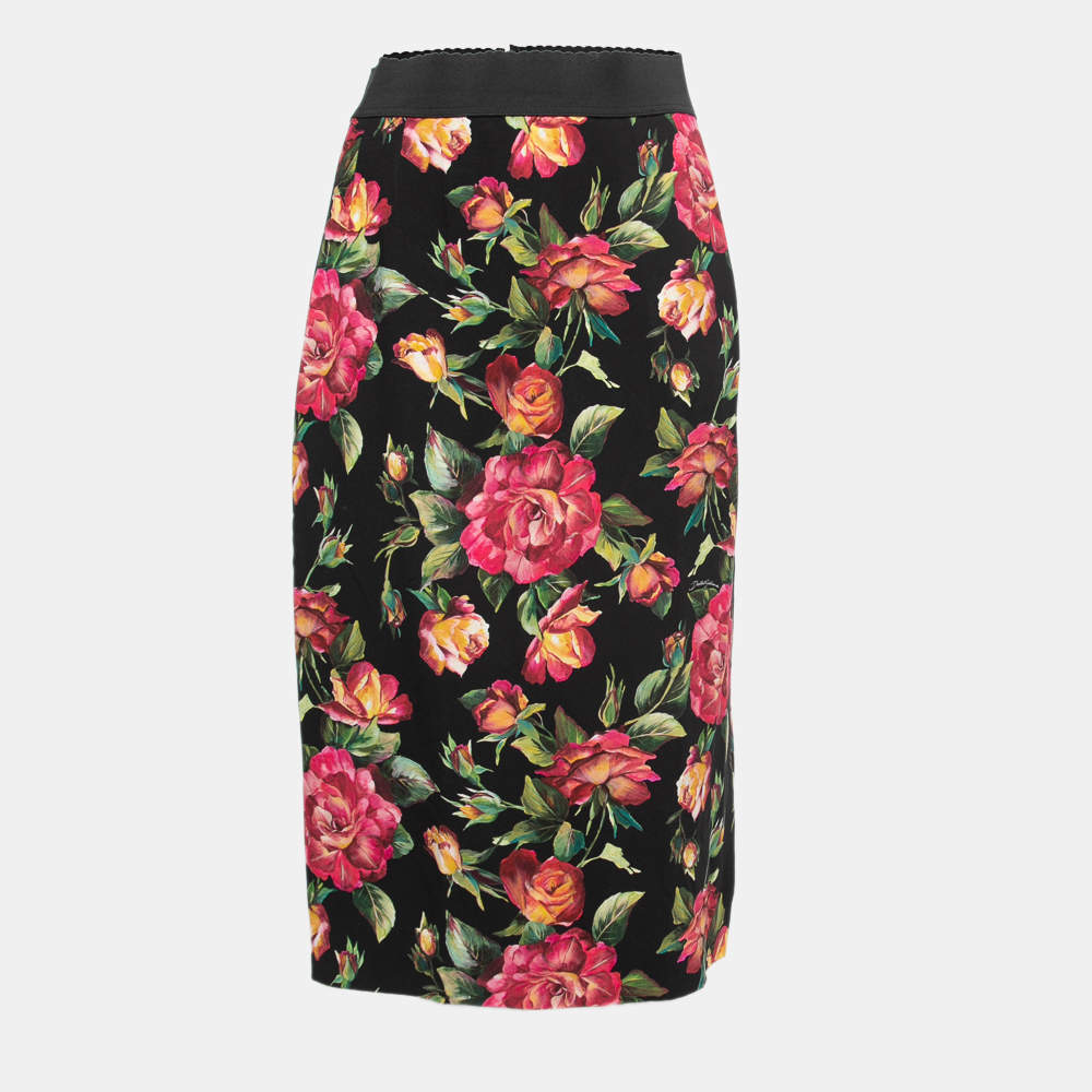 Pre Owned Dolce & Gabbana Black Floral Crepe Skirt M