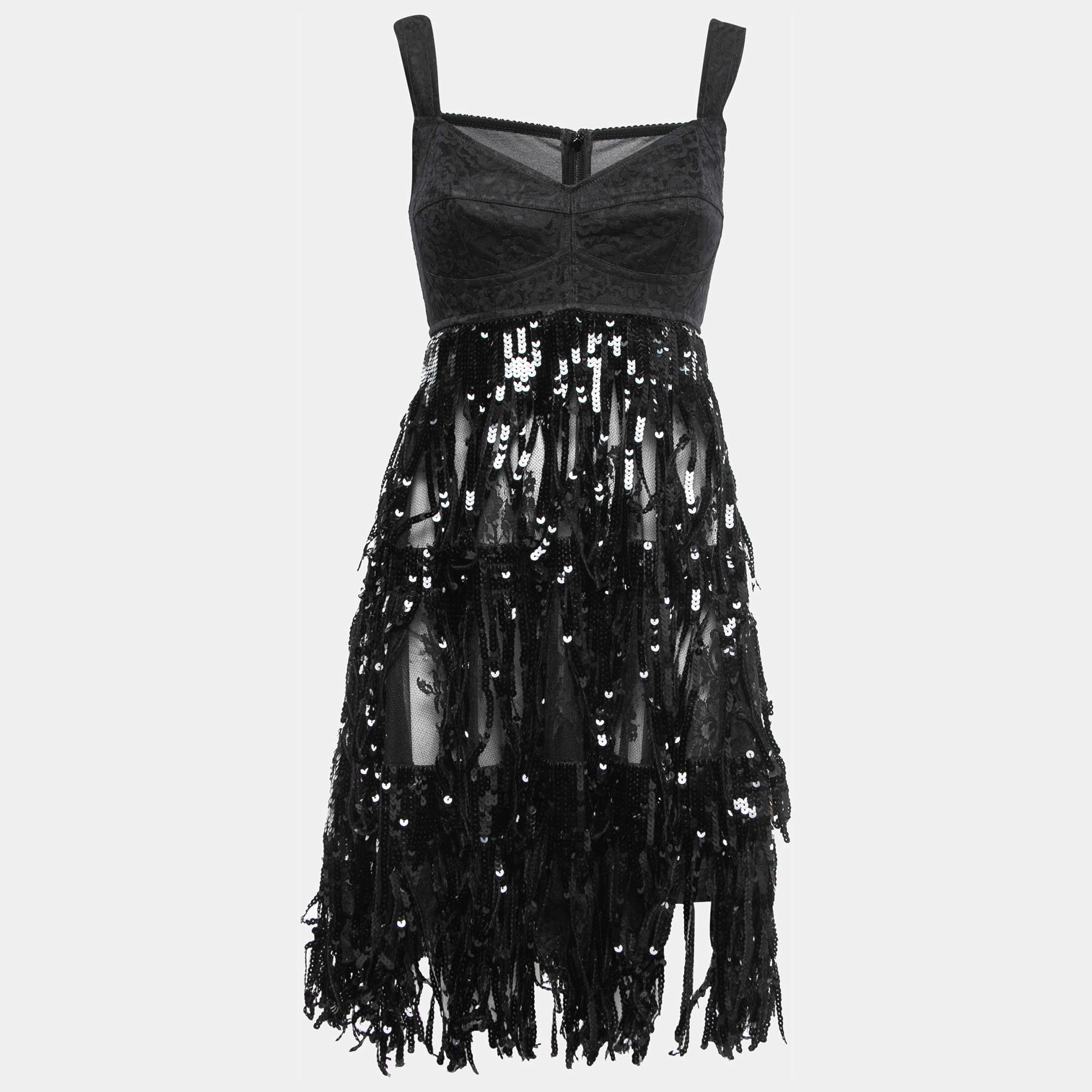 Pre Owned Dolce & Gabbana Black Sequin Fringe Embellished Lace Sleeveless Dress M