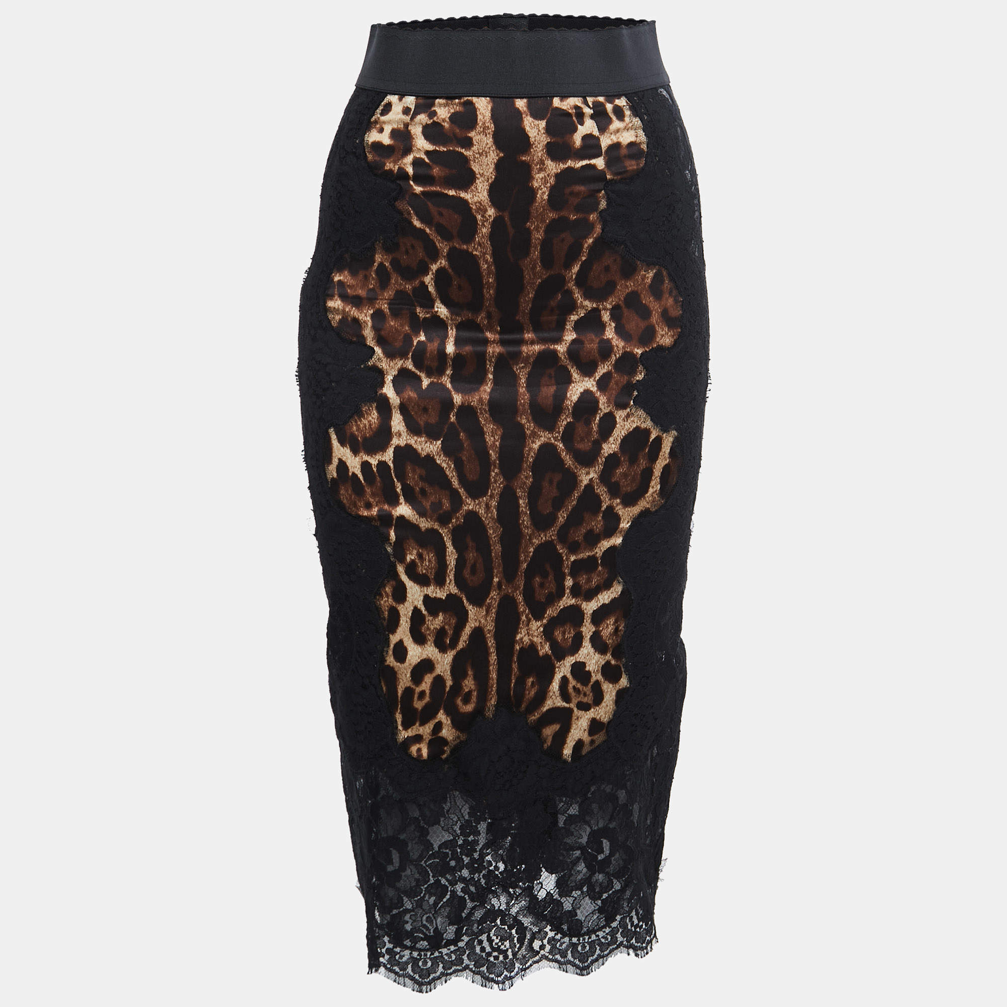 Pre Owned Dolce & Gabbana Brown Leopard Print Silk & Lace Pencil Skirt XS